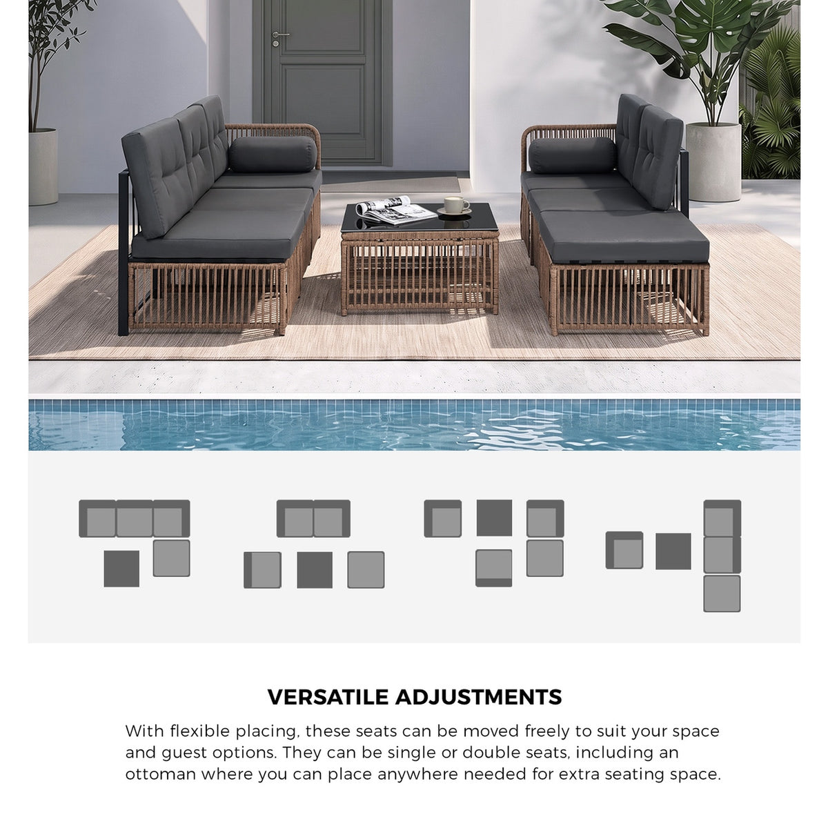 Livsip 6 Seater Outdoor Sofa Set 7PCS Wicker Lounge Setting Patio Furniture
