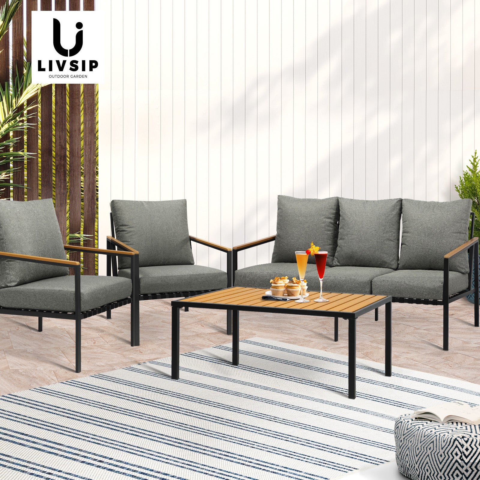 Livsip Outdoor Lounge Sofa Set Patio Furniture Table Chairs Garden Lounge Set - Sunyee