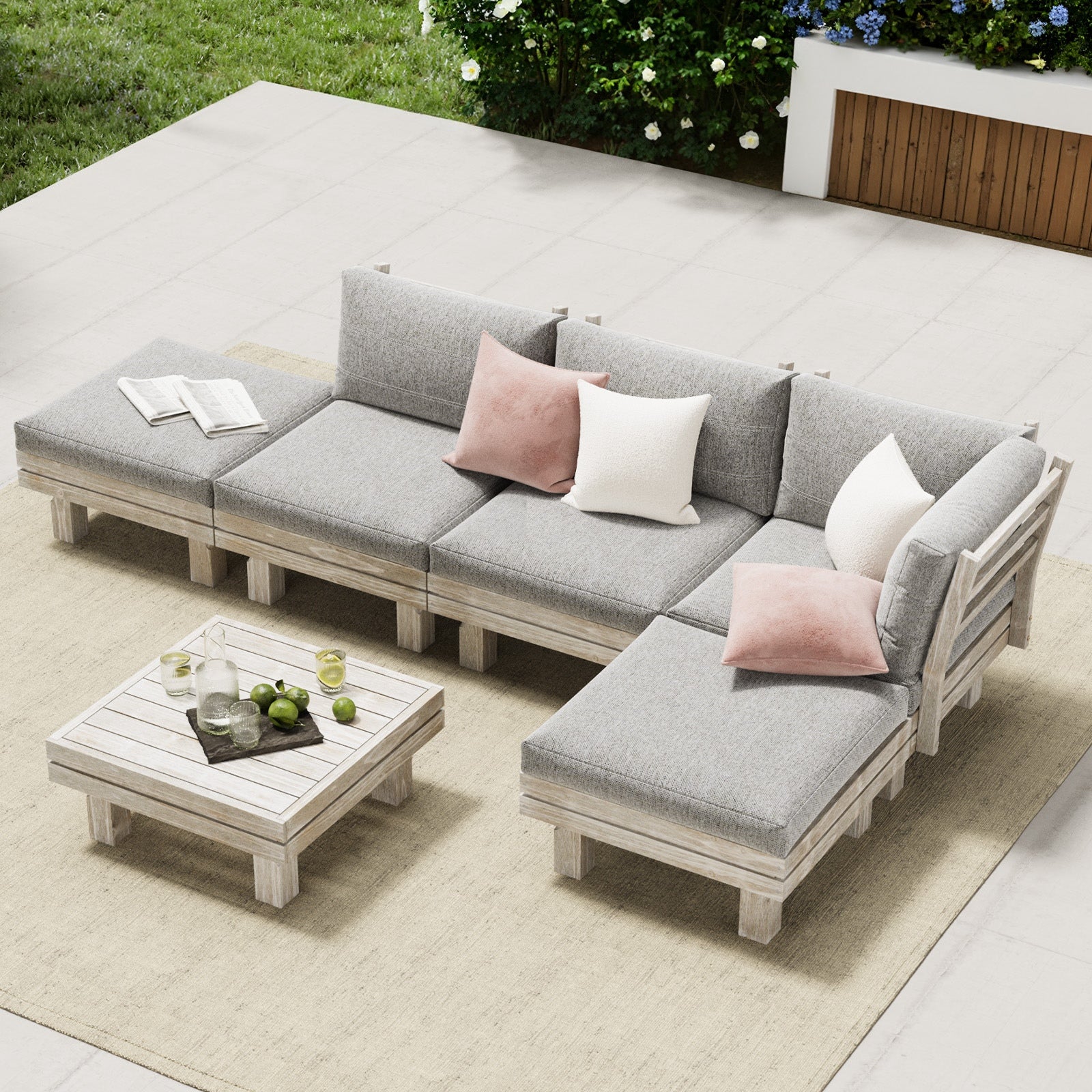Livsip 6 Piece Outdoor Furniture Sofa Set Wooden Lounge Setting Chair Table - Sunyee