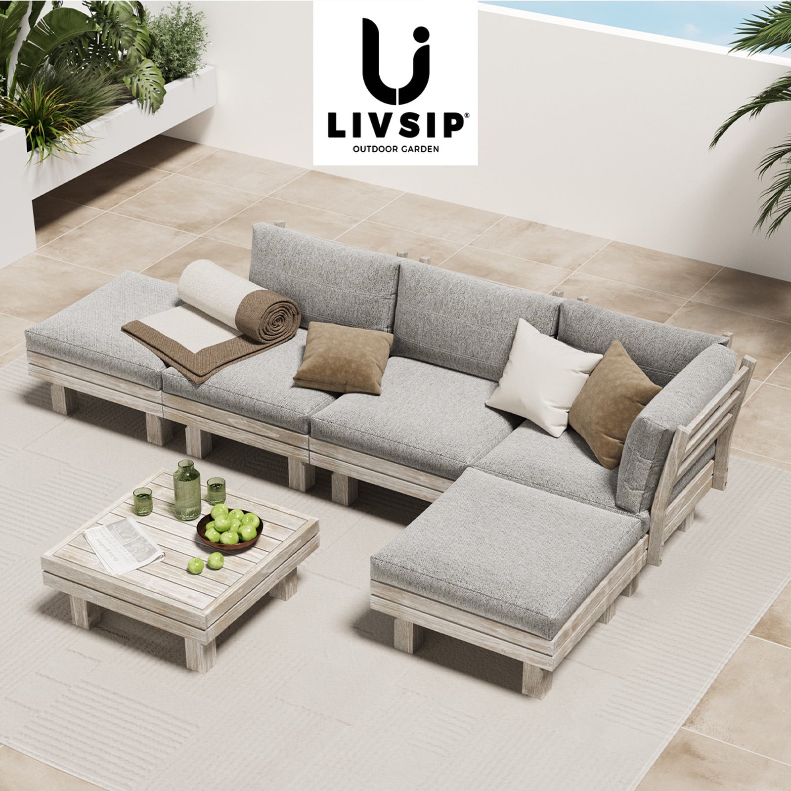 Livsip 6 Piece Outdoor Furniture Sofa Set Wooden Lounge Setting Chair Table - Sunyee