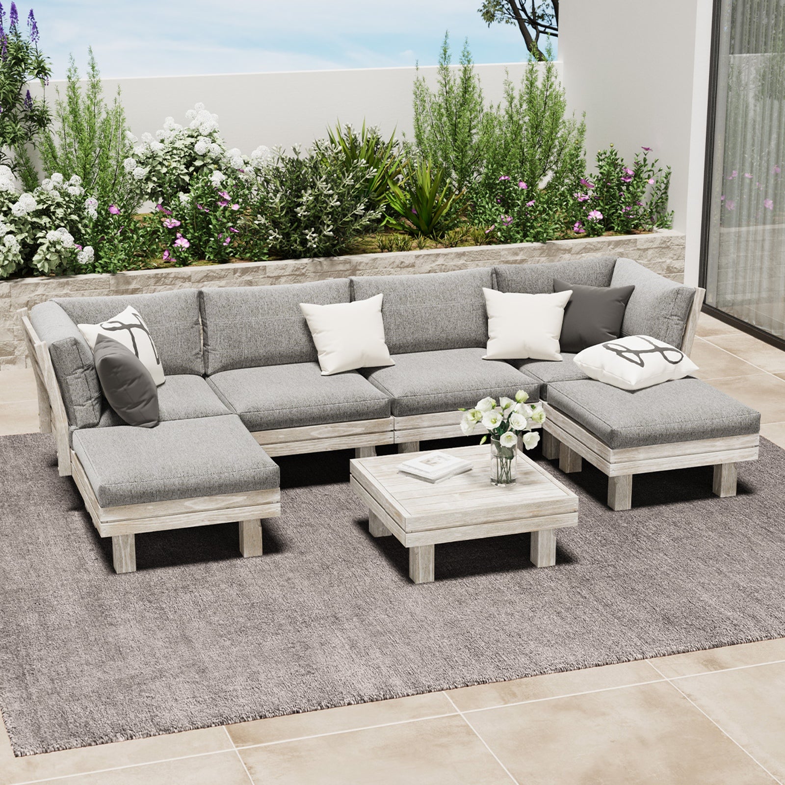 Livsip 7PCS Outdoor Sofa Set Wooden Lounge Setting Table Chair Patio Furniture - Sunyee