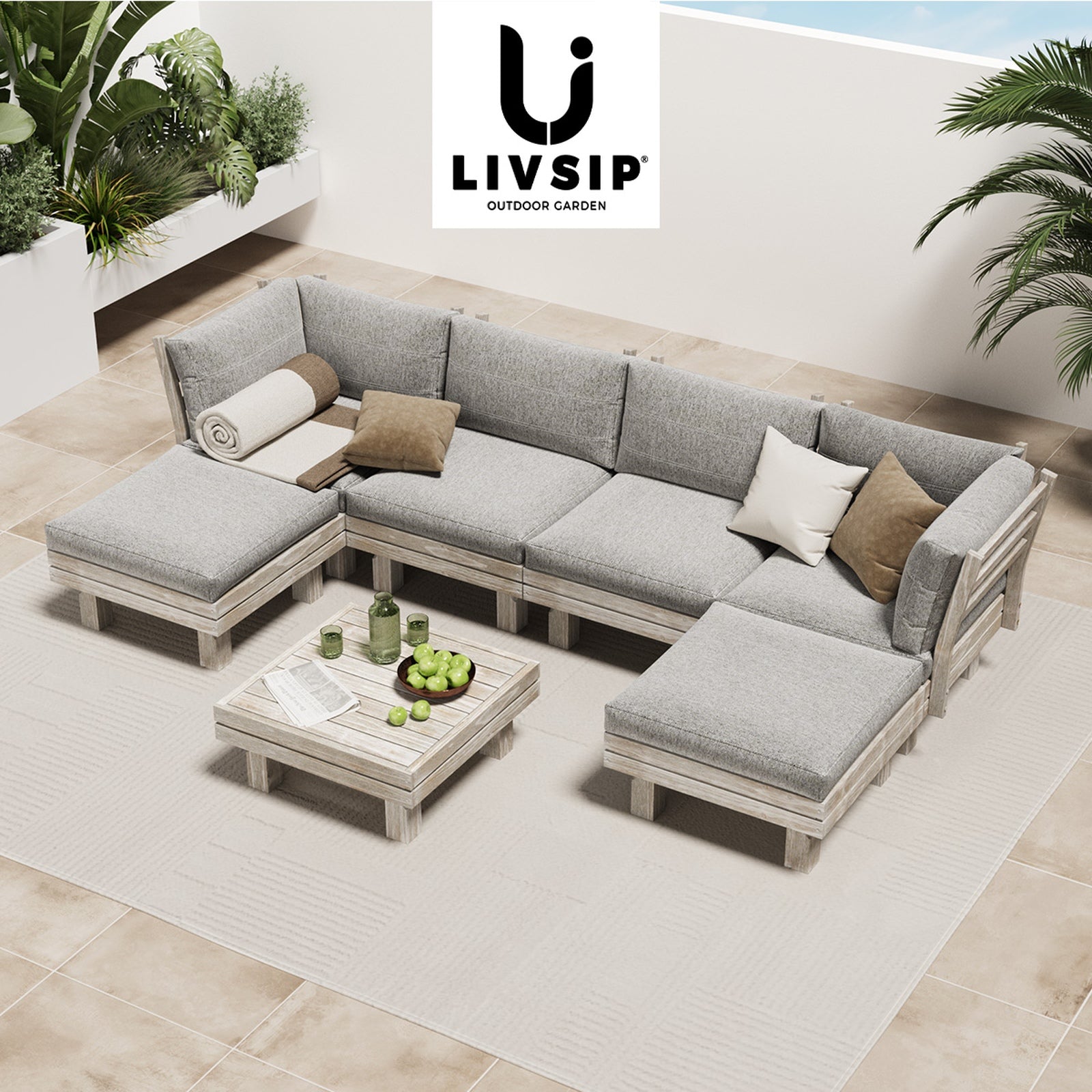 Livsip 7PCS Outdoor Sofa Set Wooden Lounge Setting Table Chair Patio Furniture - Sunyee