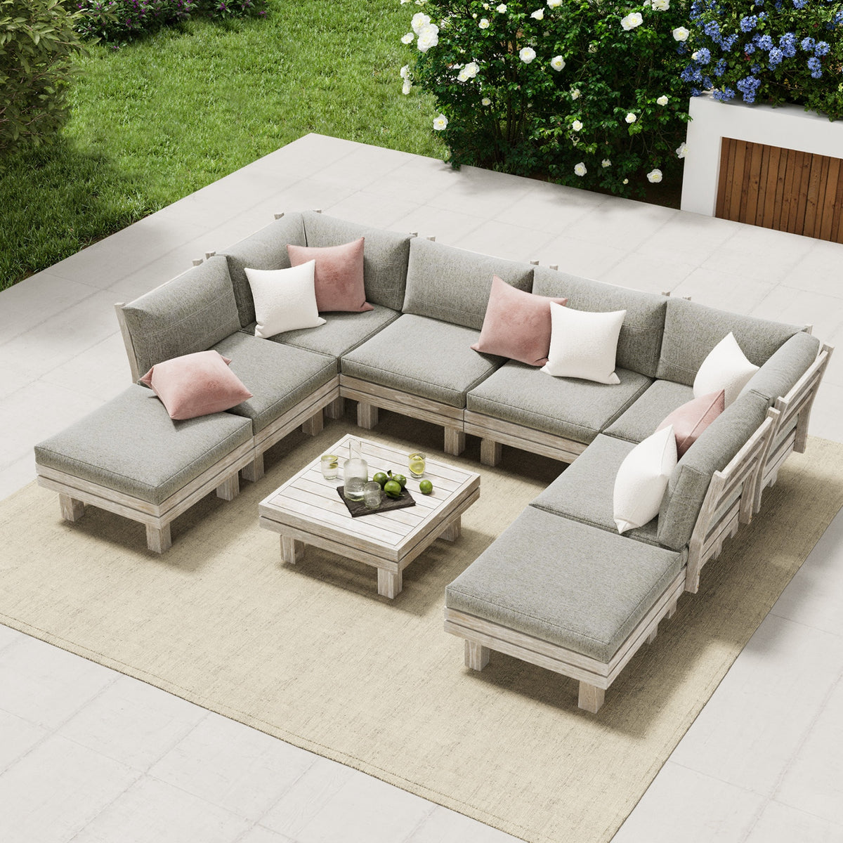 Livsip 9PCS Outdoor Sofa Set Wooden Lounge Setting Table Chair Patio Furniture