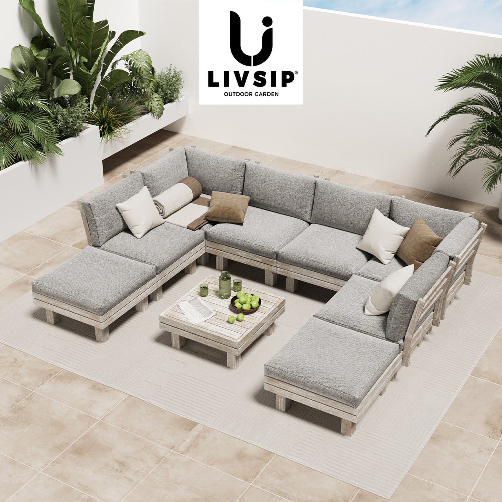Livsip 9PCS Outdoor Sofa Set Wooden Lounge Setting Table Chair Patio Furniture - Sunyee