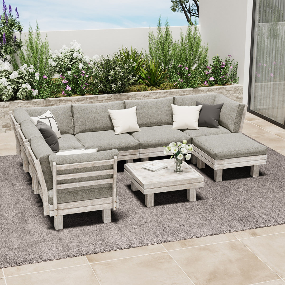 Livsip 8PCS Outdoor Sofa Set Wooden Lounge Setting Table Chair Patio Furniture