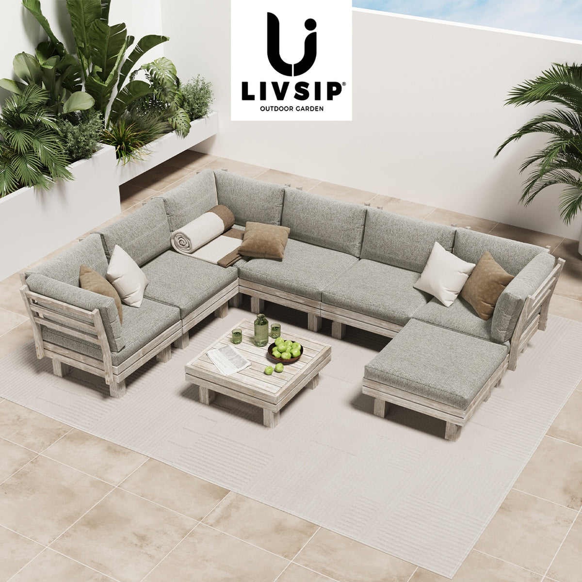 Livsip 8PCS Outdoor Sofa Set Wooden Lounge Setting Table Chair Patio Furniture