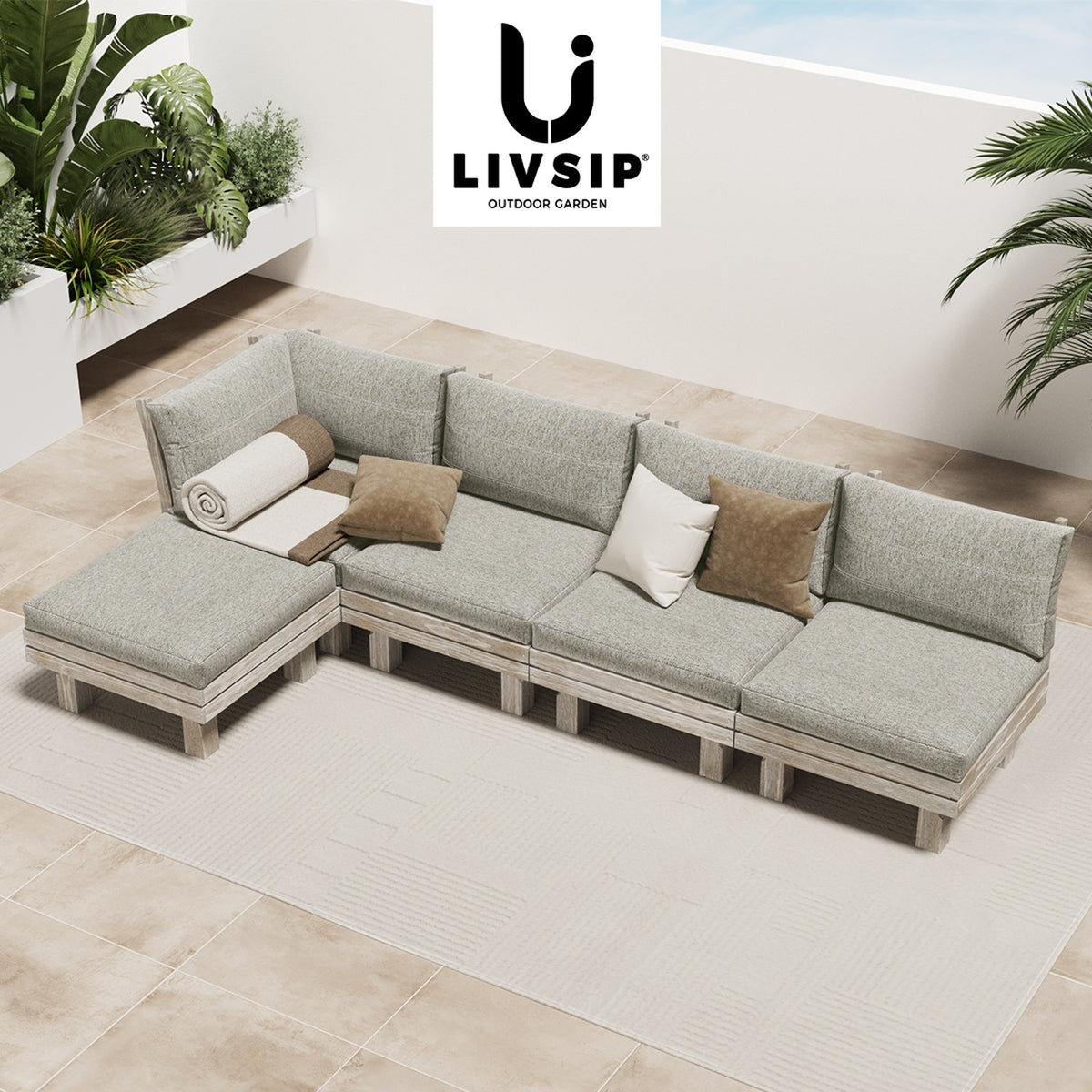 Livsip 5PCS Outdoor Furniture Sofa Set Wooden Lounge Setting Patio Furniture