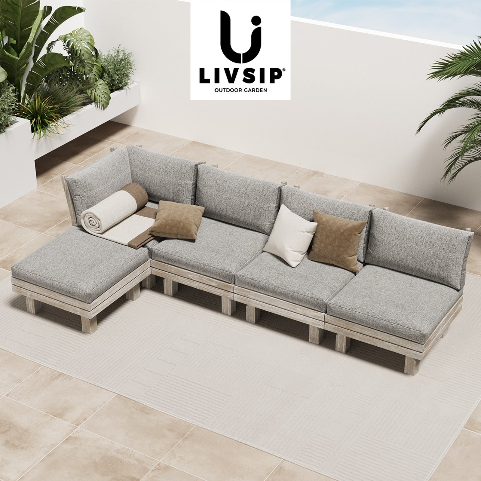 Livsip 5PCS Outdoor Furniture Sofa Set Wooden Lounge Setting Patio Furniture - Sunyee