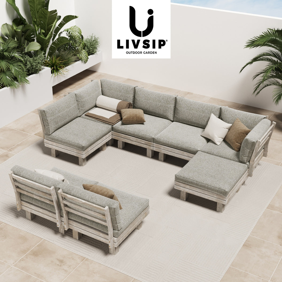 Livsip Outdoor Sofa Set 8 Piece Wooden Lounge Setting Garden Patio Furniture