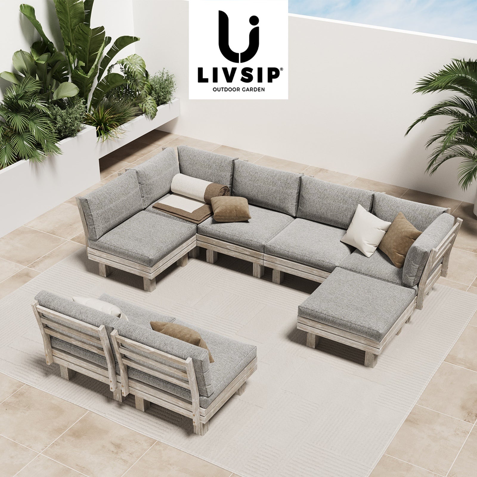 Livsip Outdoor Sofa Set 8 Piece Wooden Lounge Setting Garden Patio Furniture - Sunyee