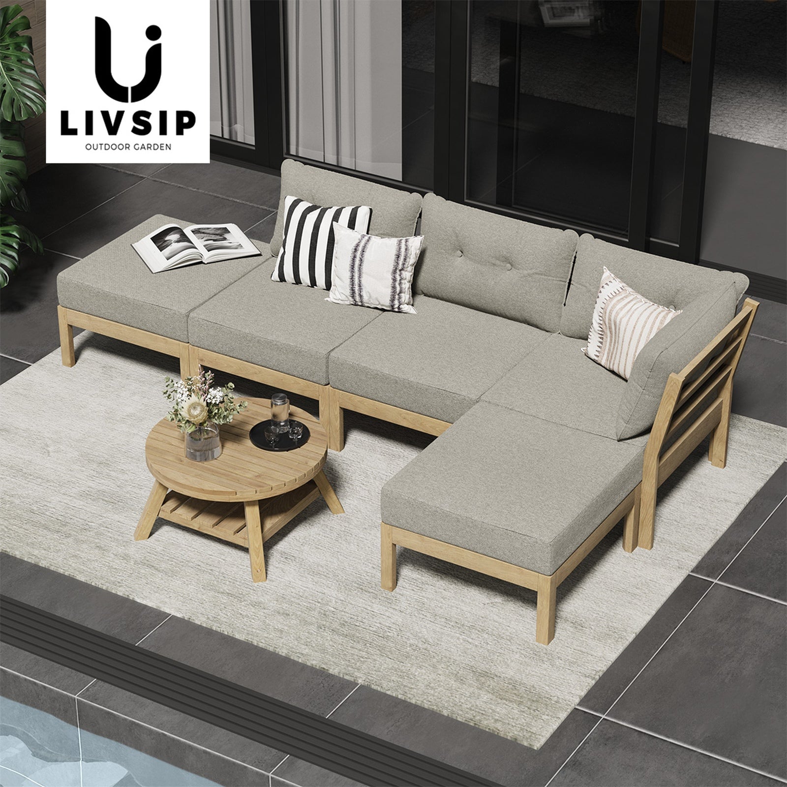 Livsip Outdoor Lounge Sofa Set 6 Piece Garden Furniture Dining Table Chairs - Sunyee