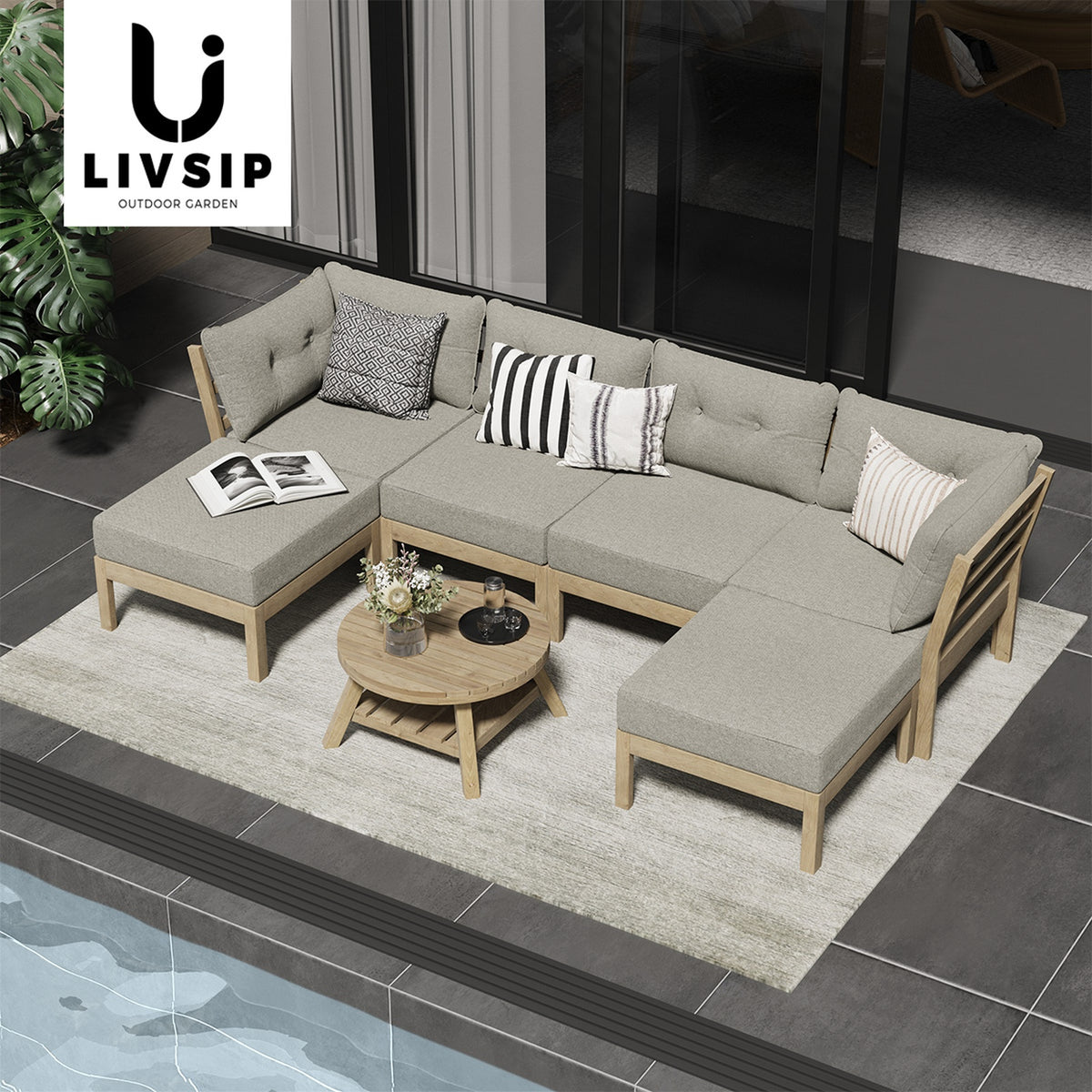 Livsip 7 Piece Outdoor Lounge Sofa Set Garden Furniture Dining Table Chairs - Sunyee