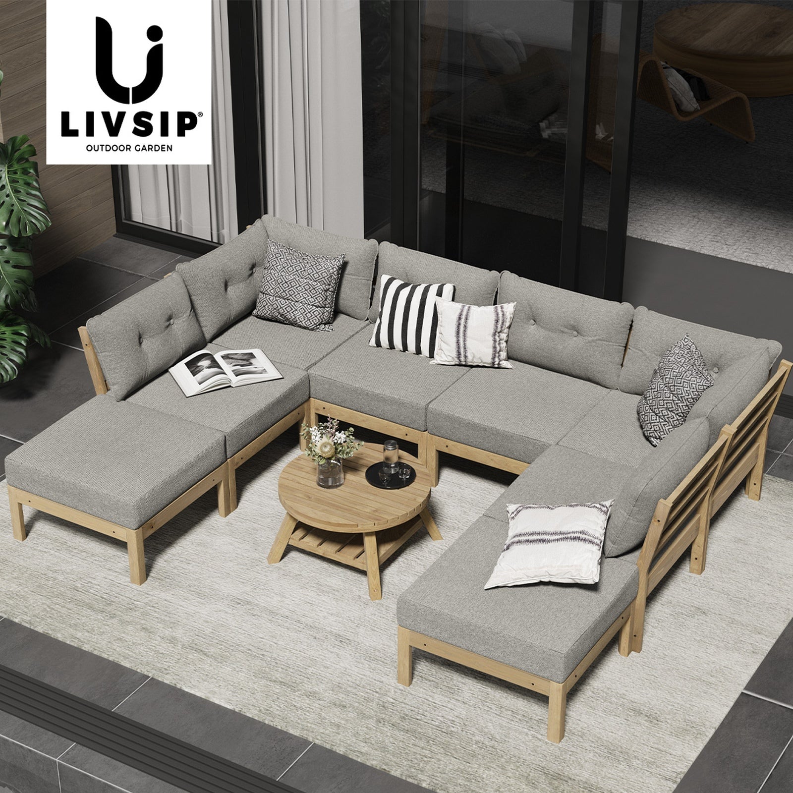 Livsip 9PCS Outdoor Sofa Set Lounge Setting Table Chair Patio Furniture Beige - Sunyee