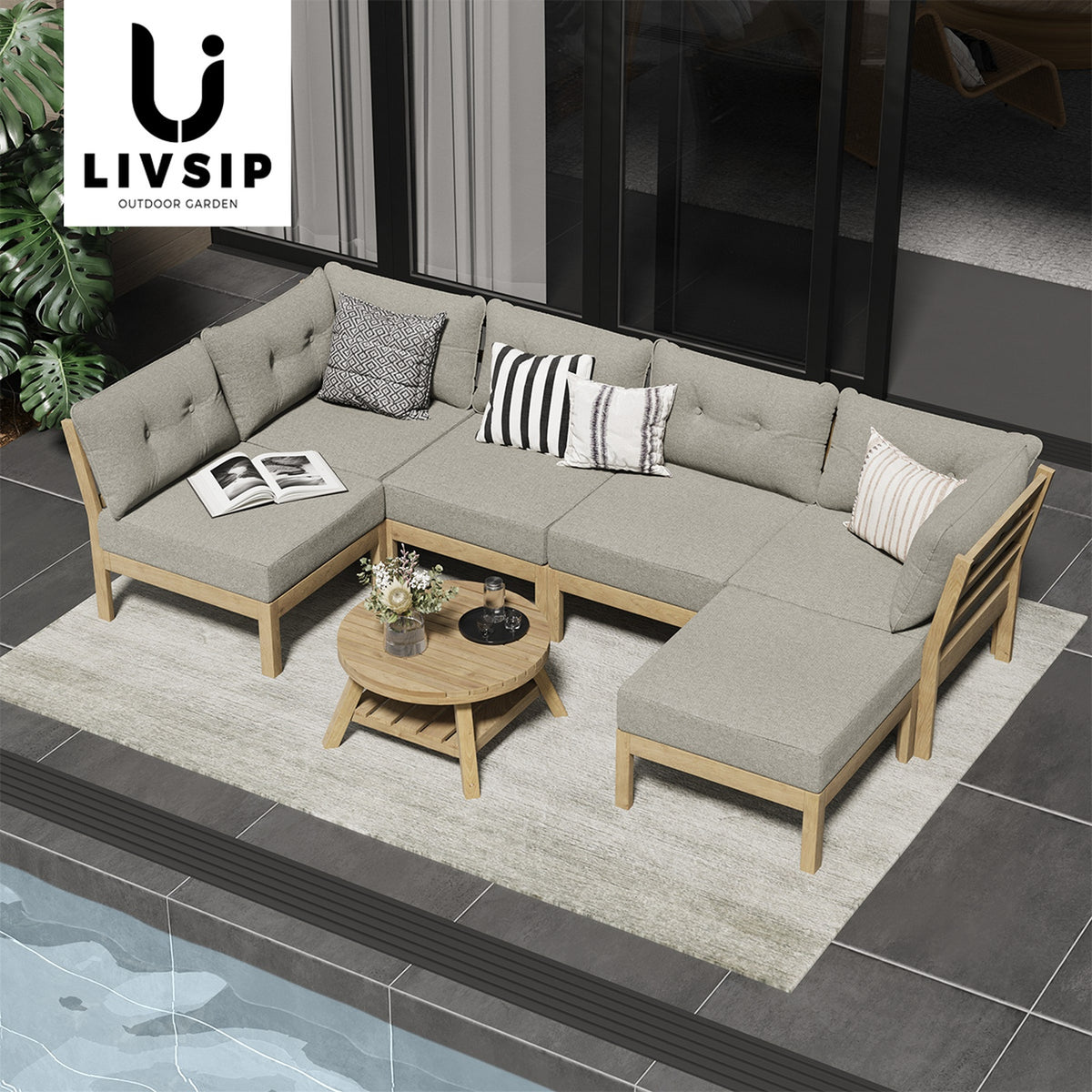 Livsip 7 Piece Outdoor Sofa Set 5-Seater Lounge Setting Garden Table Chairs - Sunyee