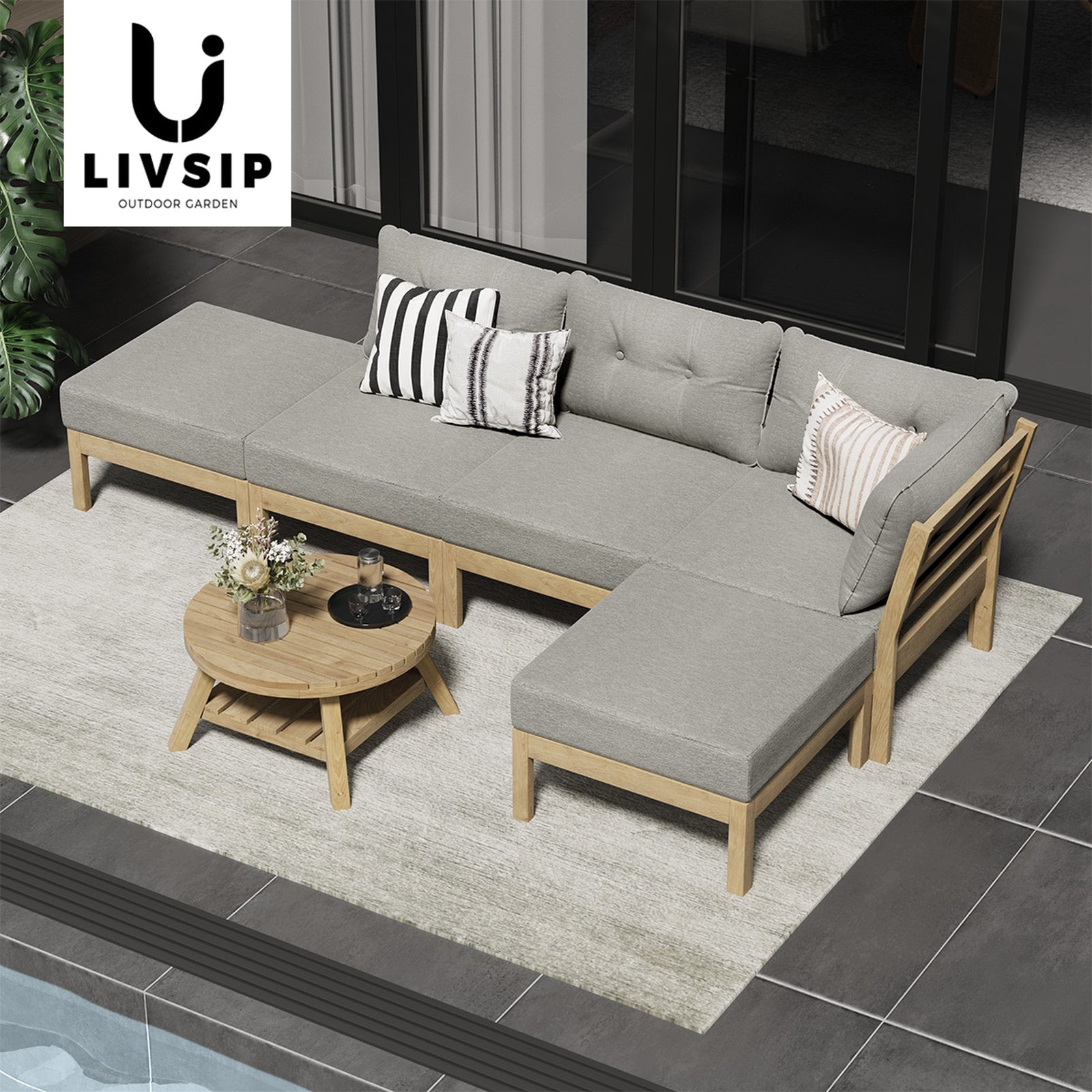 Livsip Outdoor Lounge Sofa Set 6 Piece Garden Furniture Dining Table Chairs Grey - Sunyee