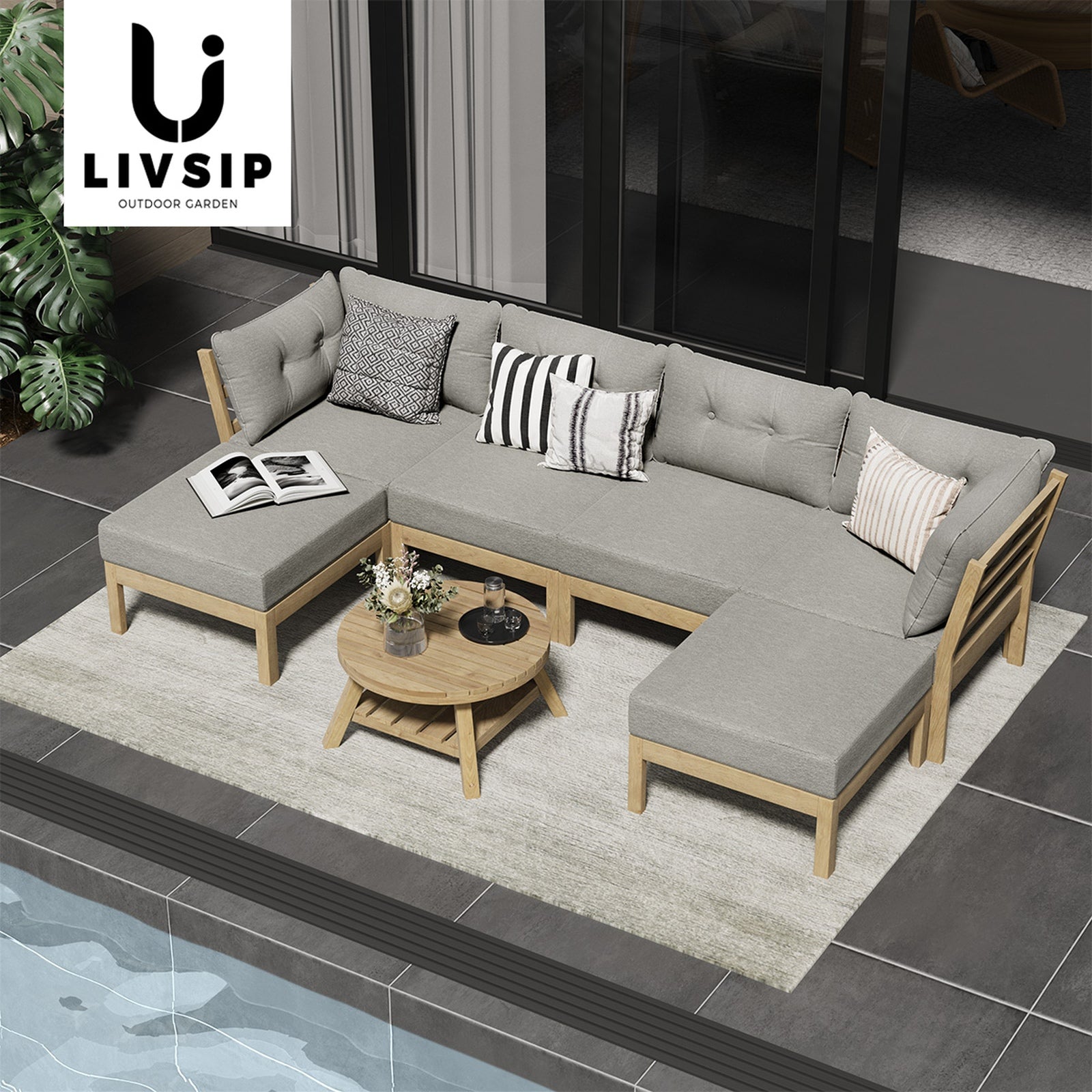 Livsip 6 Piece Outdoor Lounge Sofa Set Garden Furniture Dining Table Chairs Grey - Sunyee