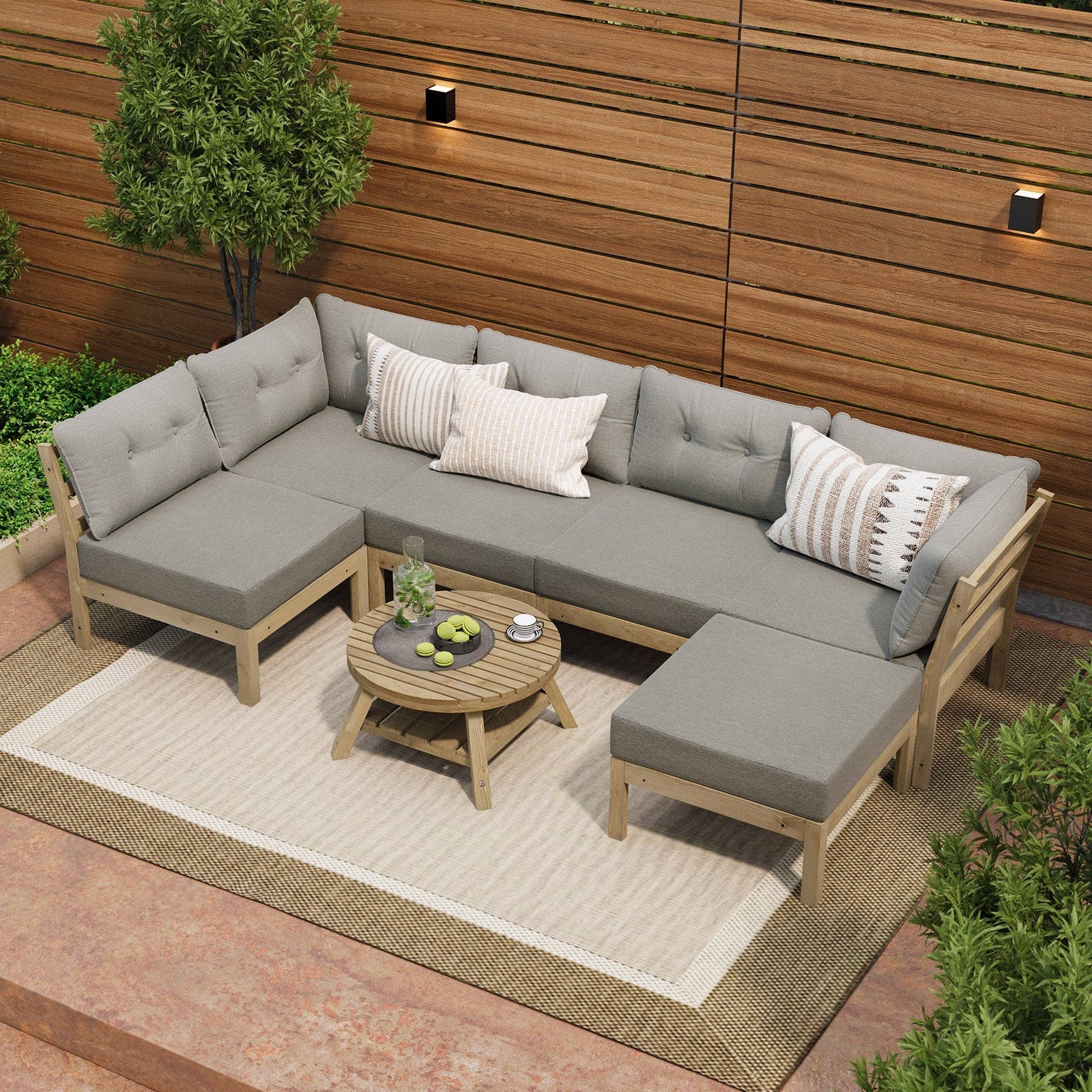 Livsip 7 Piece Outdoor Sofa Set 6-Seater Lounge Setting Garden Table Chairs Grey - Sunyee