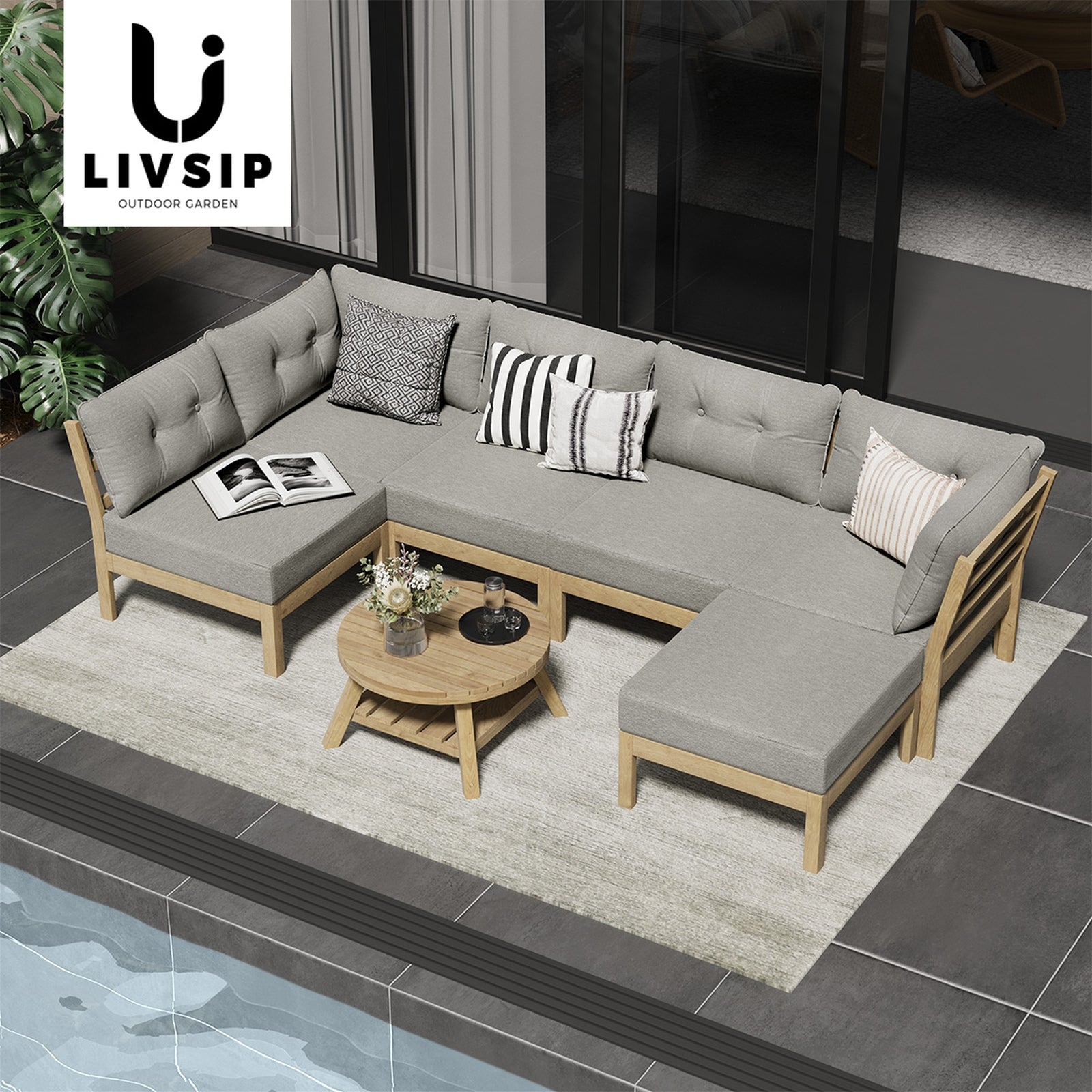 Livsip 7 Piece Outdoor Sofa Set 6-Seater Lounge Setting Garden Table Chairs Grey - Sunyee