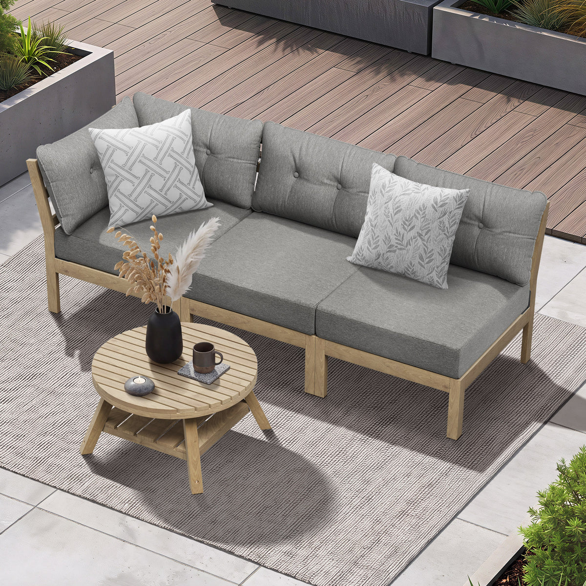 Livsip 3 Seater Outdoor Sofa Set Wooden Lounge Setting Patio Furniture Grey