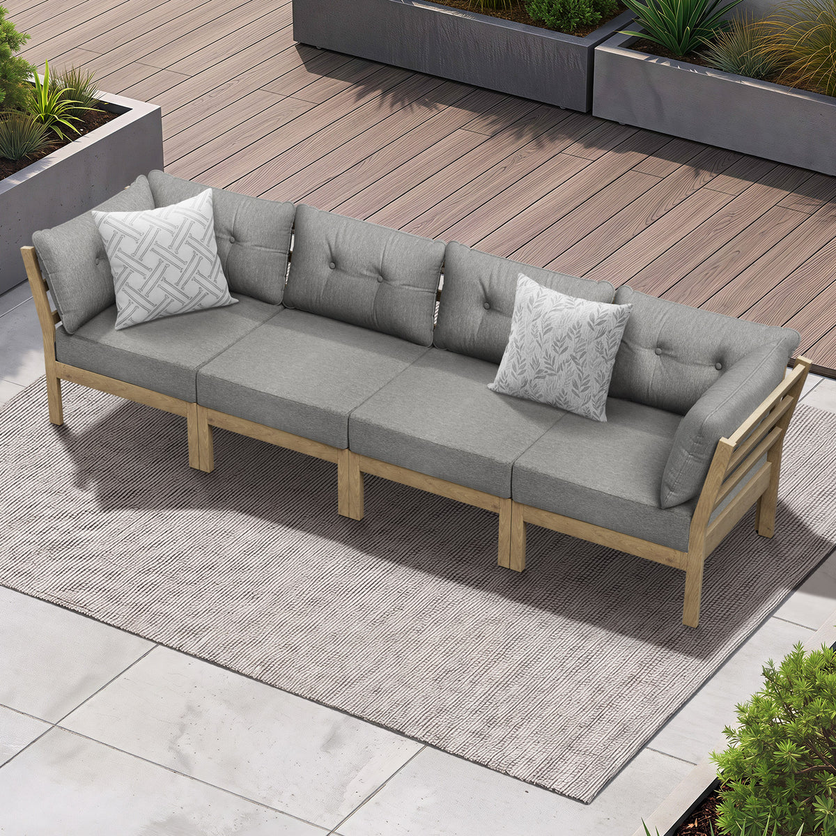 Livsip 4PCS Outdoor Sofa Set Wooden Modular Lounge Setting Patio Furniture Grey