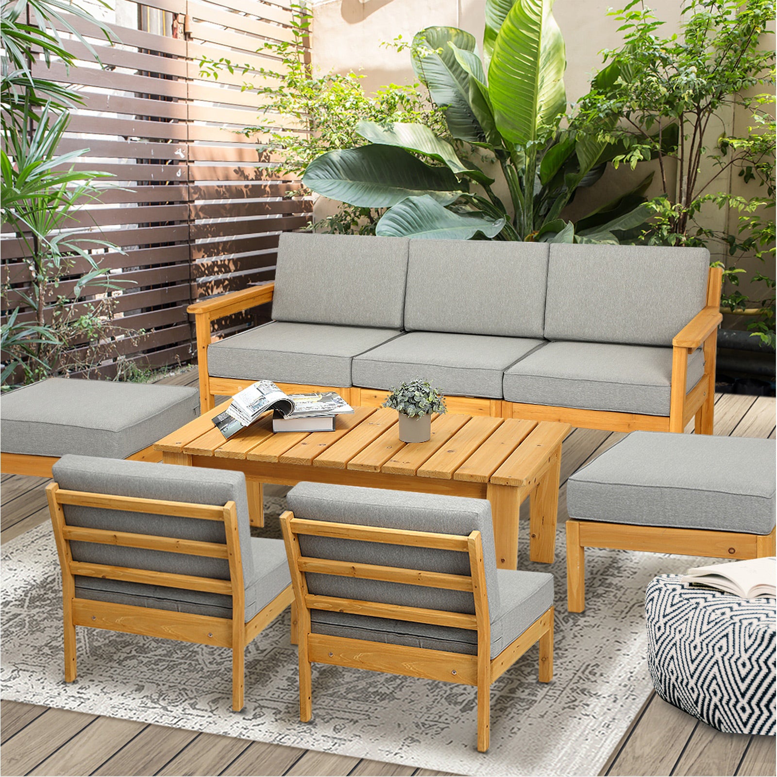 Livsip 7 Seater Outdoor Lounge Setting Garden Furniture Wooden Sofa Table Set - Sunyee