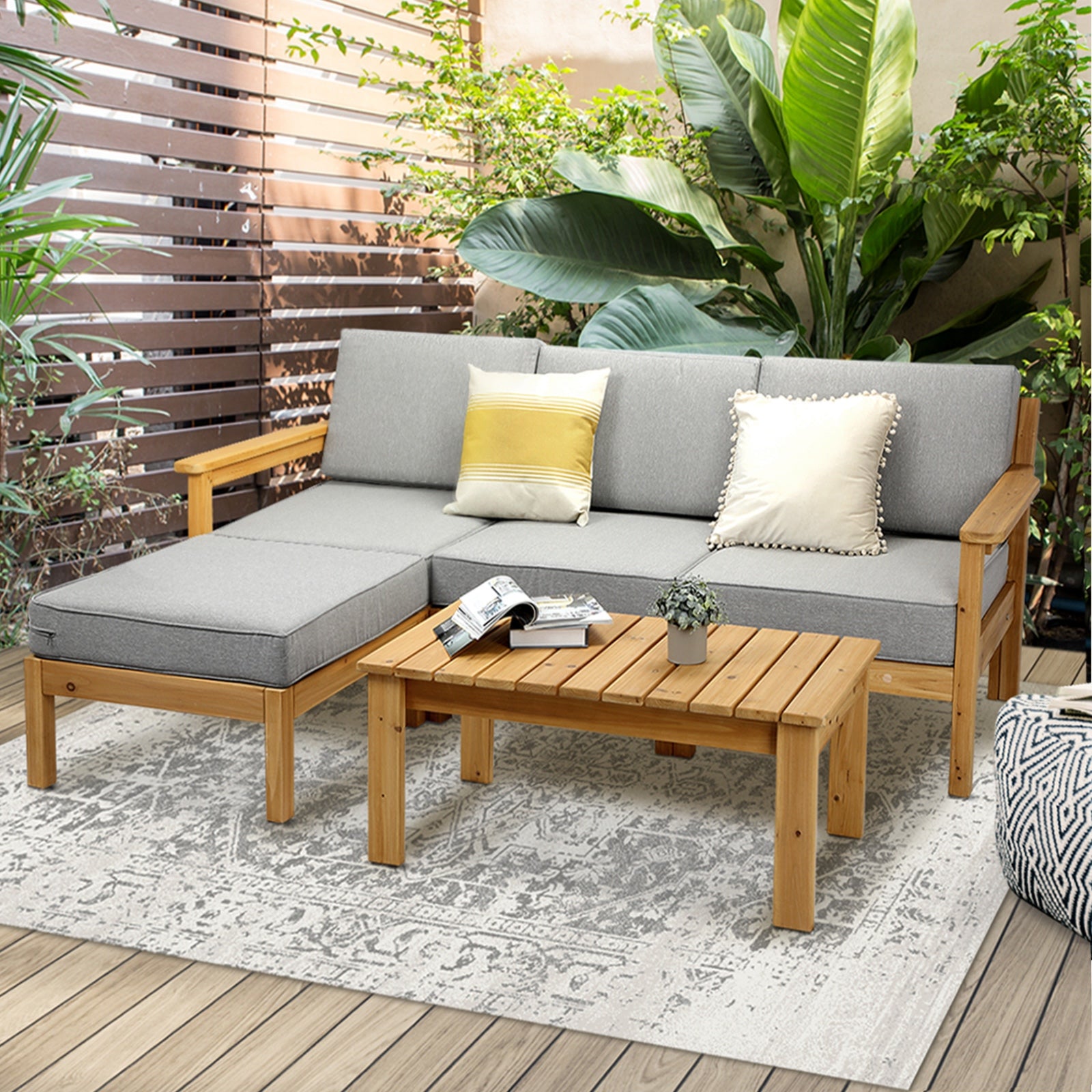Livsip Outdoor Sofa Set Patio Furniture Wooden Table Chairs Garden Lounge 5Piece - Sunyee