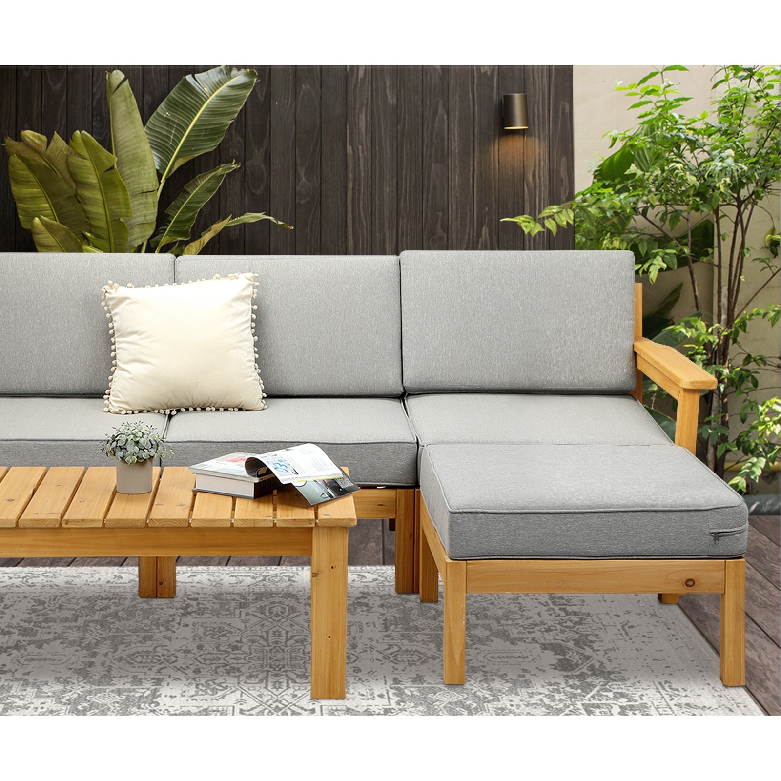 Livsip Outdoor Sofa Set Patio Furniture Wooden Table Chairs Garden Lounge 5Piece - Sunyee