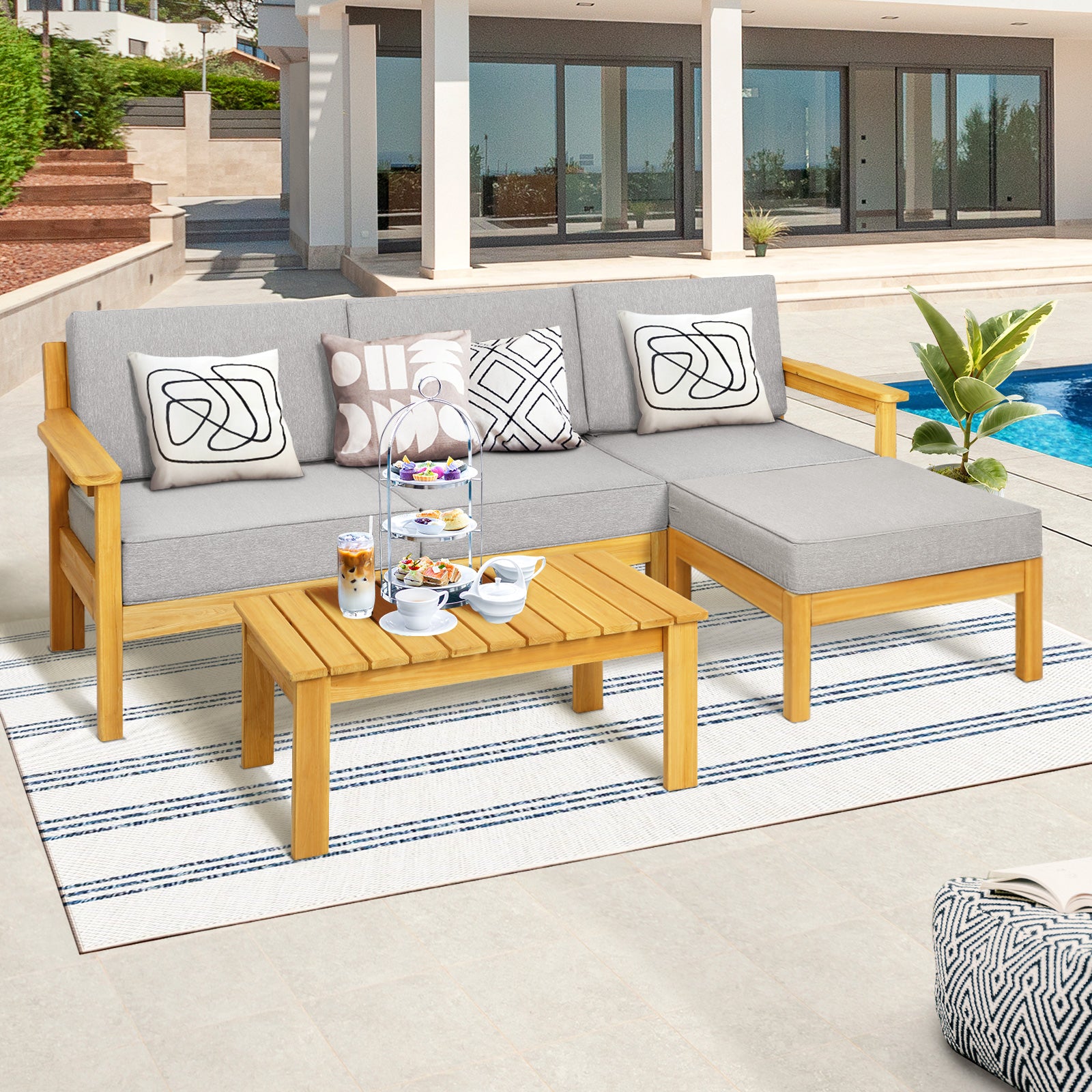 Livsip Outdoor Sofa Set Patio Furniture Wooden Table Chairs Garden Lounge 5Piece - Sunyee