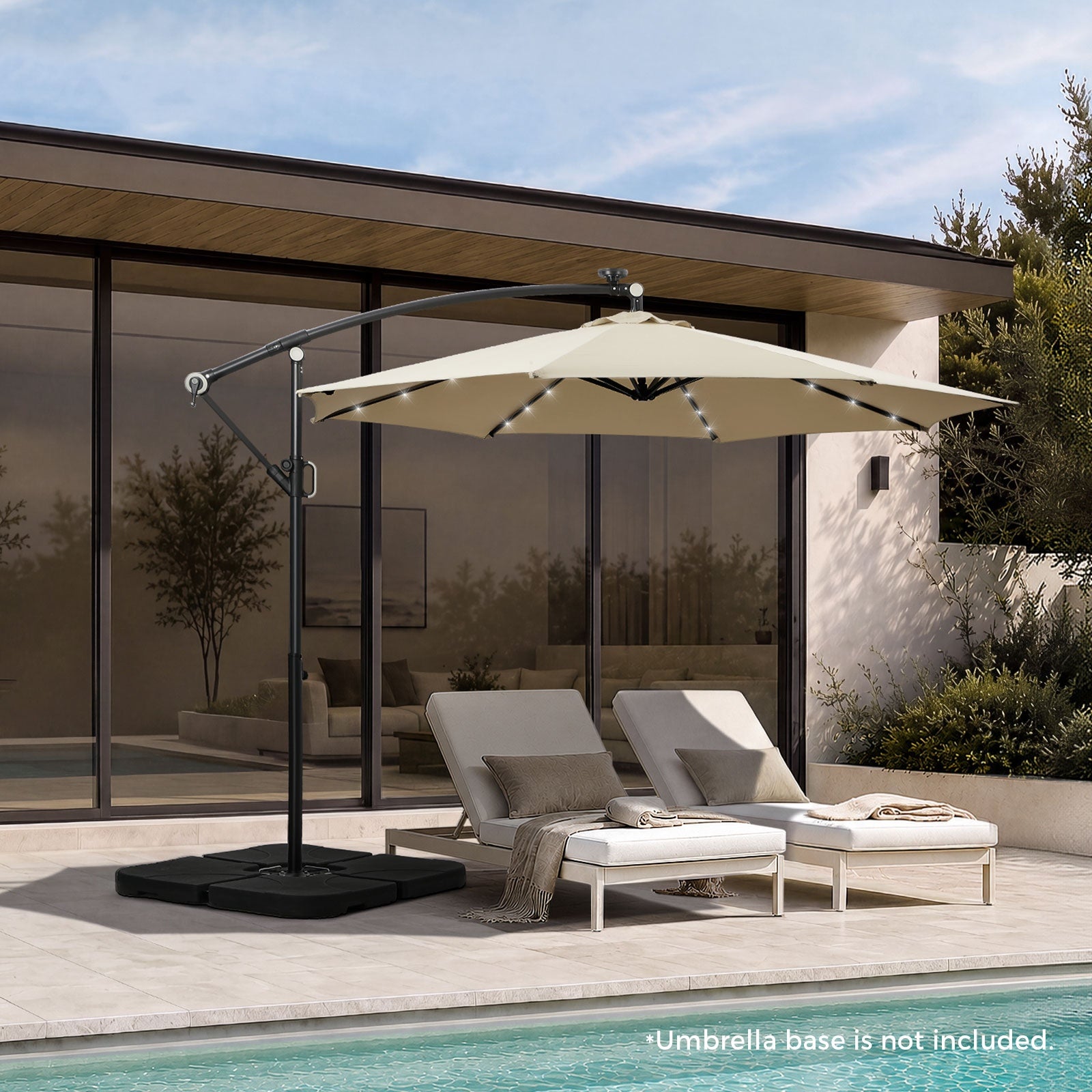 Livsip Outdoor Umbrella 3M Cantilever Garden Shade Rotatable w/ 32-LED Beige