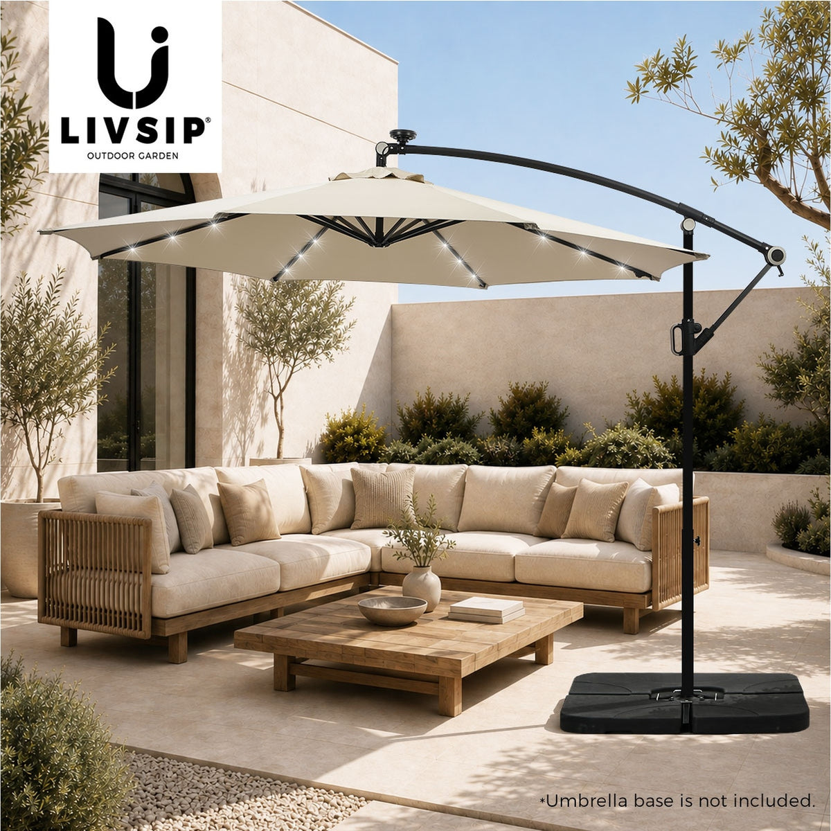 Livsip Outdoor Umbrella 3M Cantilever Garden Shade Rotatable w/ 32-LED Beige