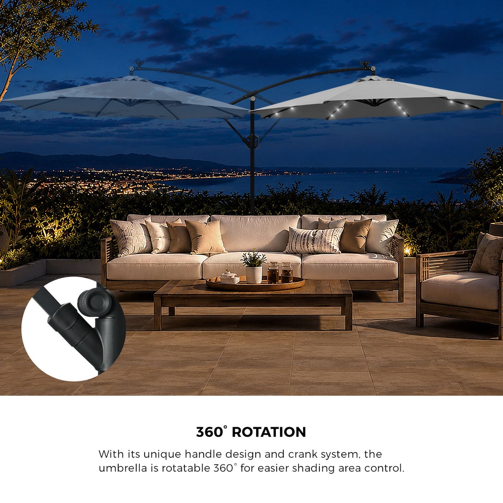 Livsip Outdoor Umbrella 3M Cantilever Garden Shade Rotatable with String Light