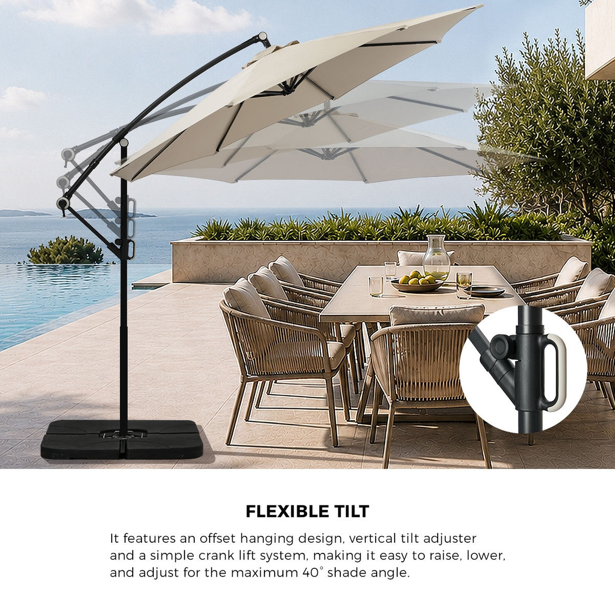 Livsip Outdoor Umbrella 3M Cantilever Garden Shade 360° Rotation w/ Base