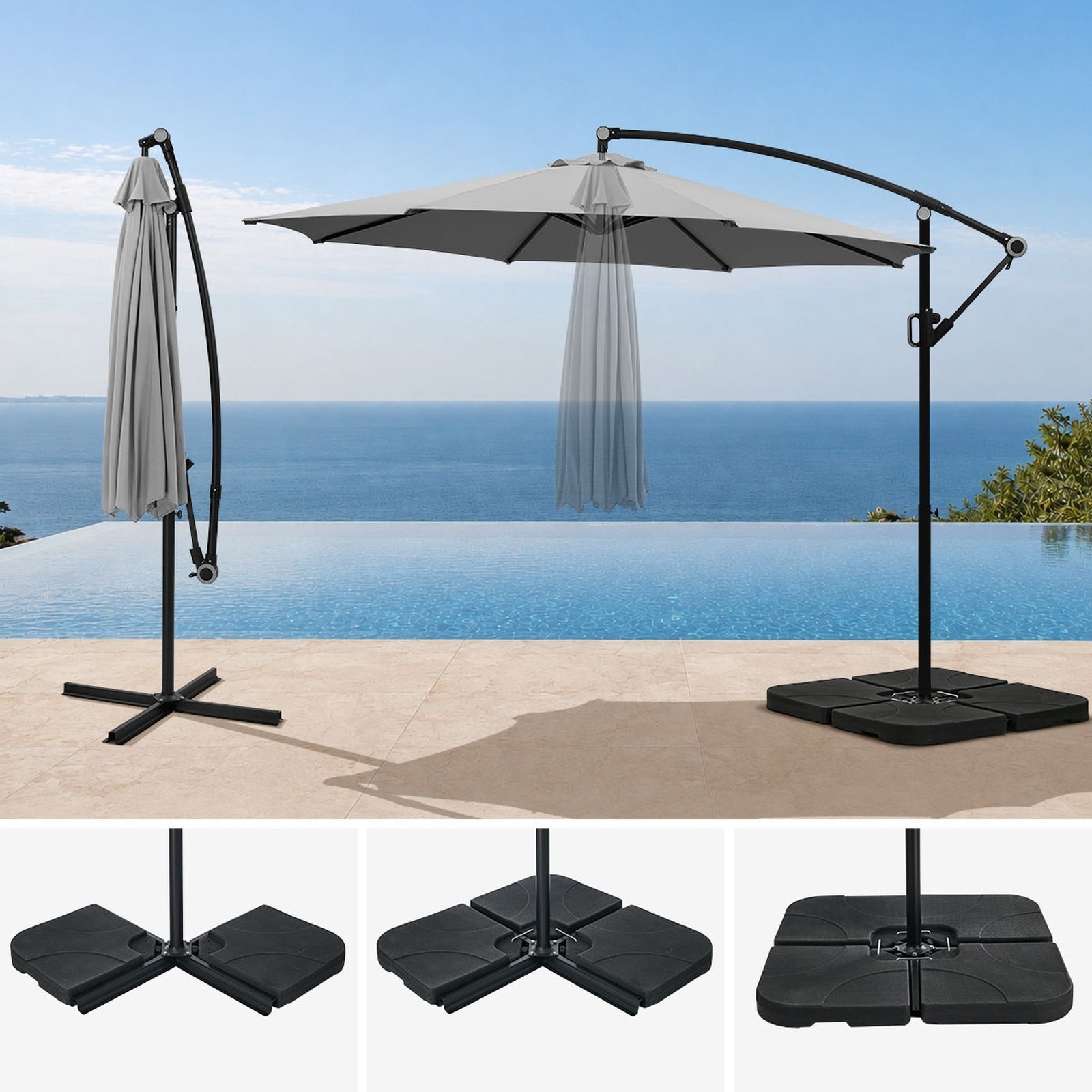 Livsip Outdoor Umbrella 3M Cantilever Garden Shade 360° Rotation w/ Base