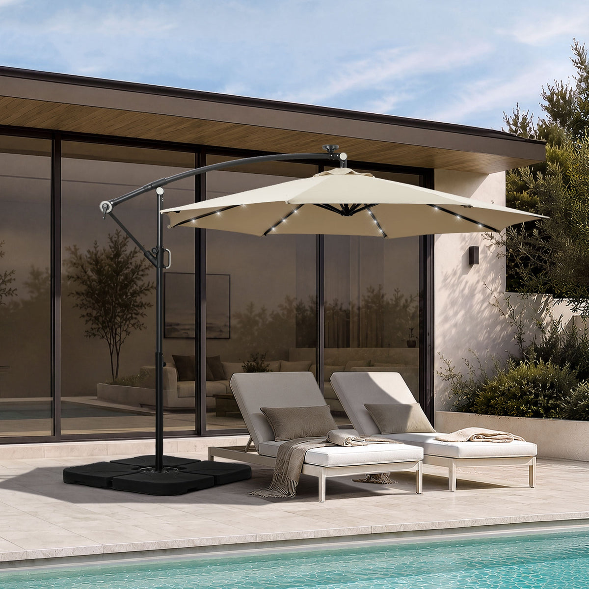 Livsip Outdoor Umbrella Cantilever Garden Shade Rotatable w/ 32-LED Beige Base
