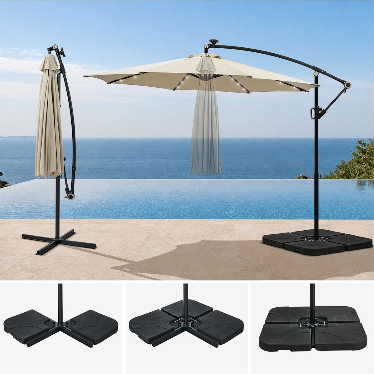 Livsip Outdoor Umbrella Cantilever Garden Shade Rotatable w/ 32-LED Beige Base