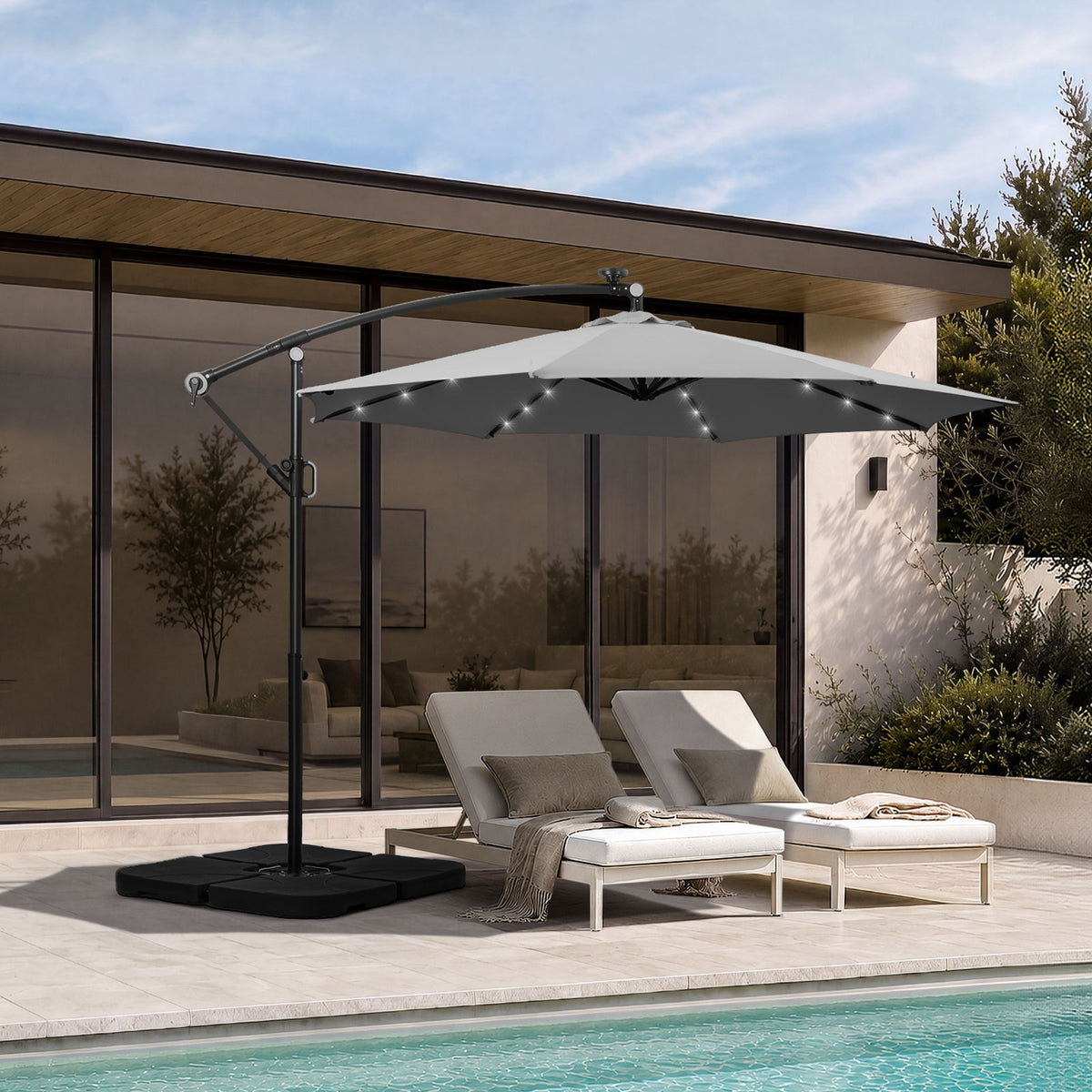 Livsip Outdoor Umbrella 3M Cantilever Garden Shade Rotatable with 32-LED Base