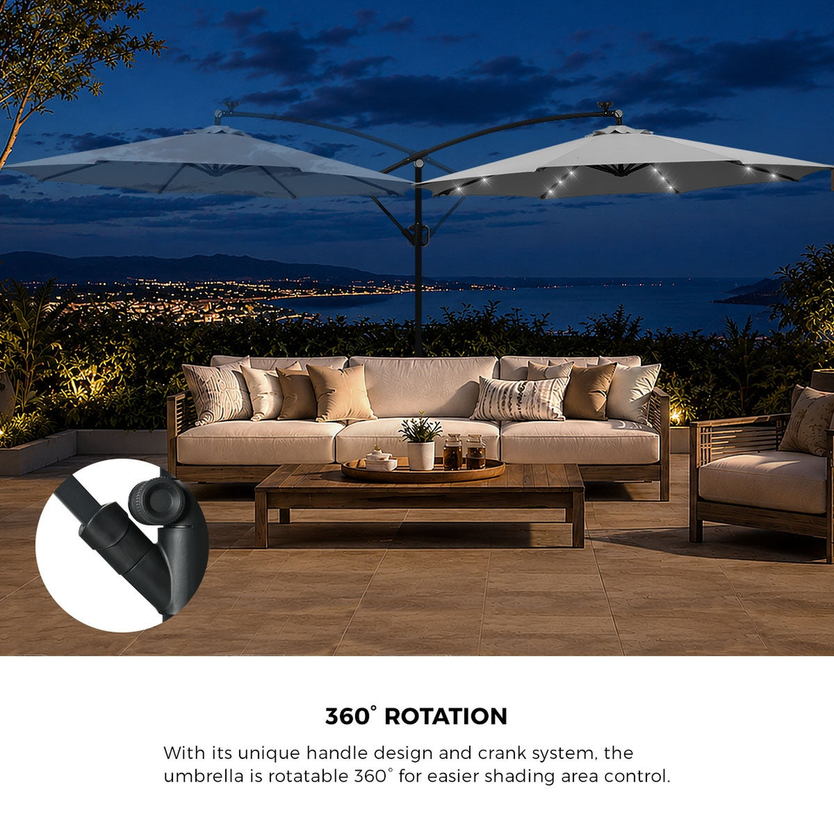 Livsip Outdoor Umbrella 3M Cantilever Garden Shade Rotatable with 32-LED Base