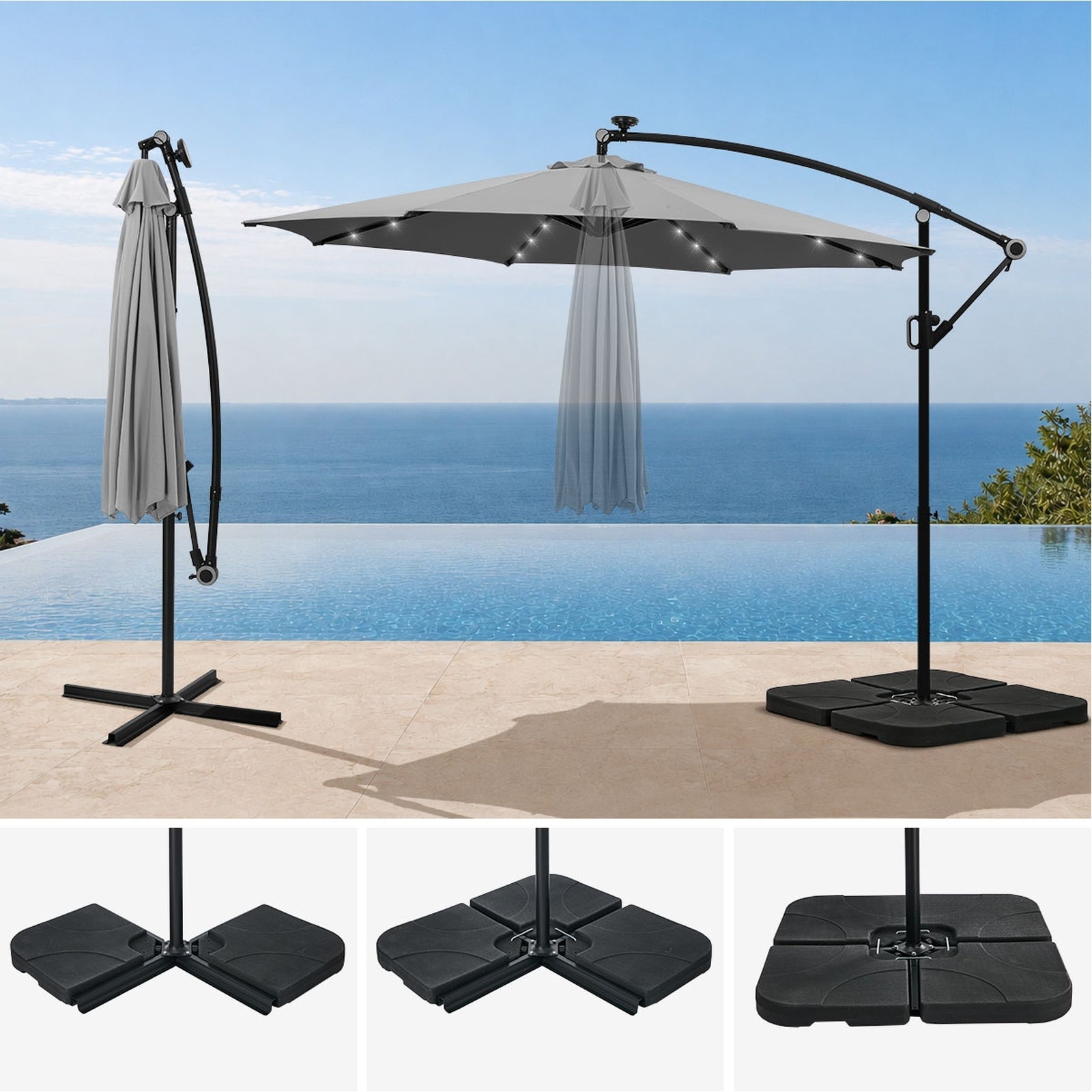 Livsip Outdoor Umbrella 3M Cantilever Garden Shade Rotatable with 32-LED Base