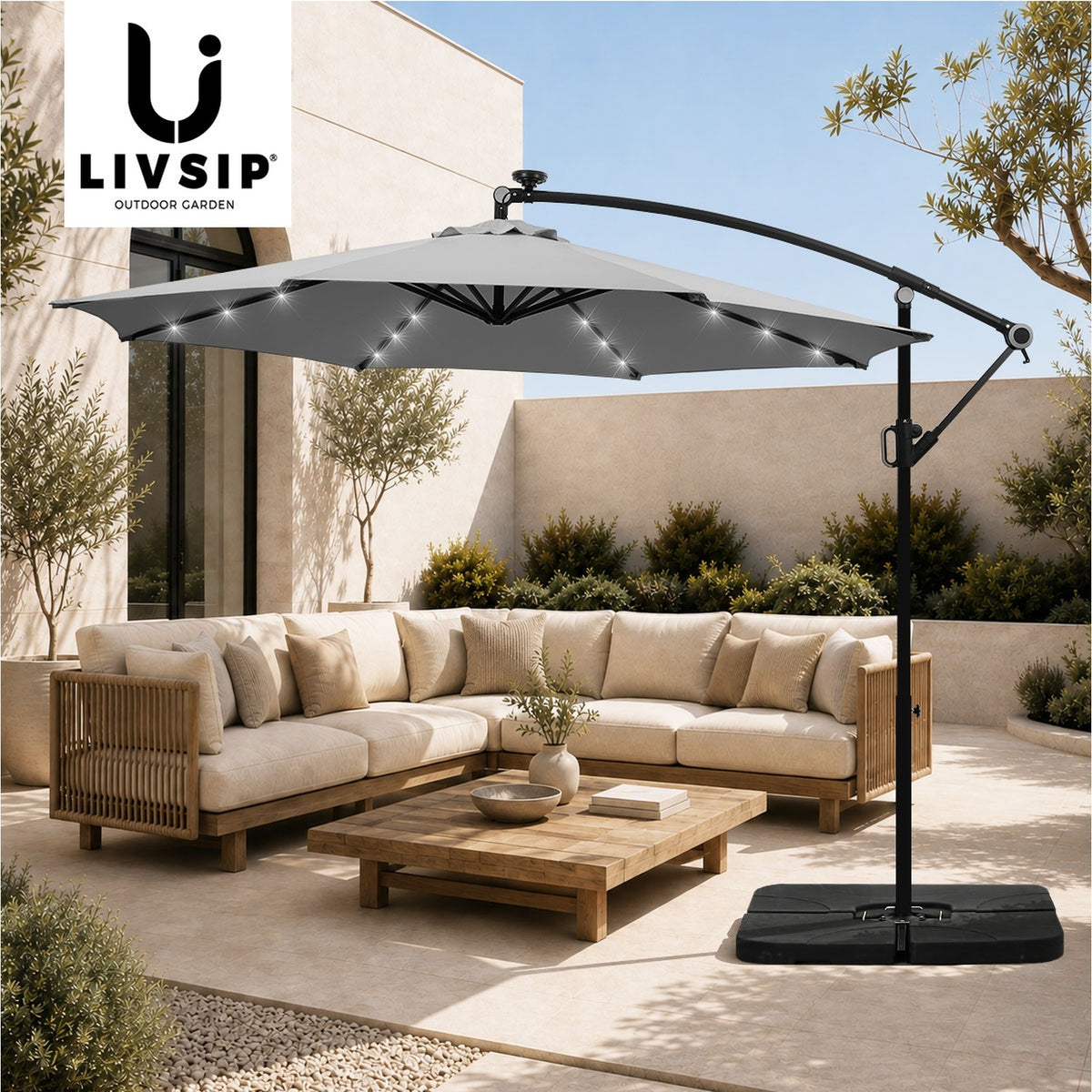 Livsip Outdoor Umbrella 3M Cantilever Garden Shade Rotatable with 32-LED Base