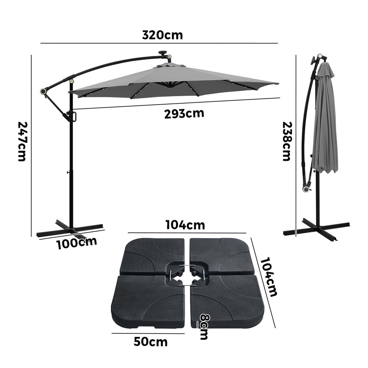 Livsip Outdoor Umbrella 3M Cantilever Garden Shade Rotatable with 32-LED Base