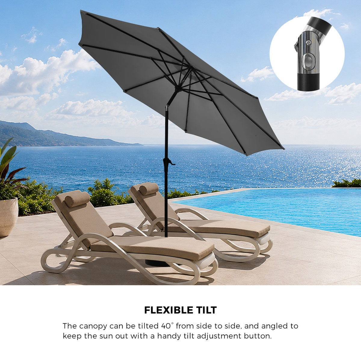Livsip Outdoor Umbrella 3M Market Umbrellas Garden Shade with Tilt Base Charcoal