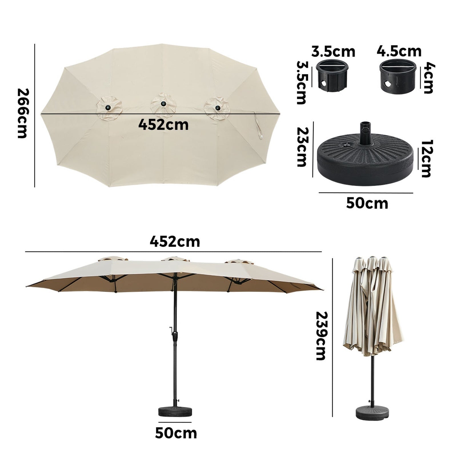 Livsip Outdoor Umbrella 4.52M Double-Sided Umbrellas Garden Shade w/ Base Beige
