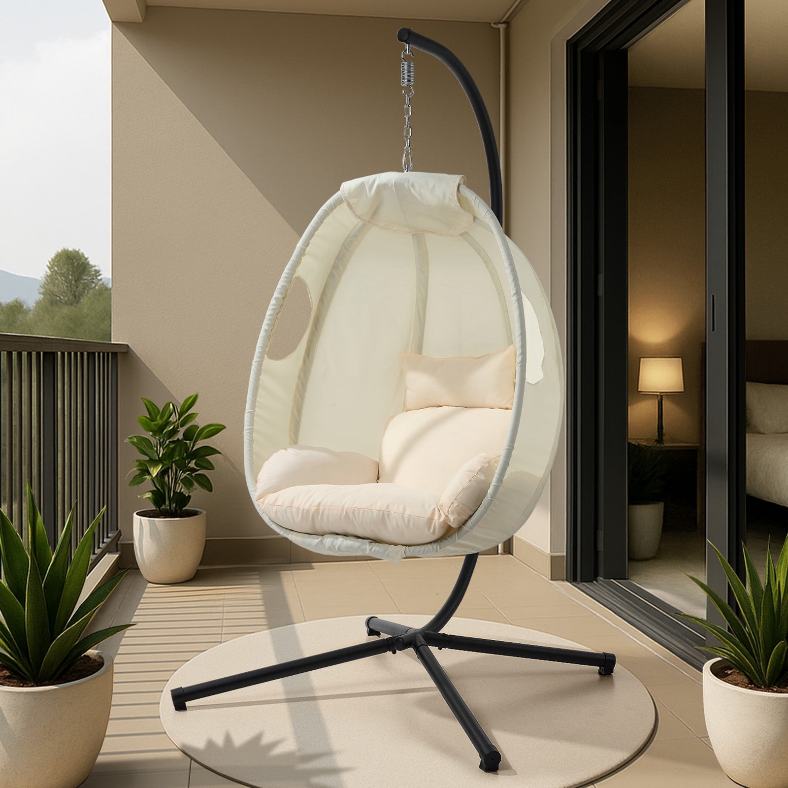 Livsip Outdoor Egg Hanging Chair Swing Seat Furniture with Stand Cushions Beige - Sunyee