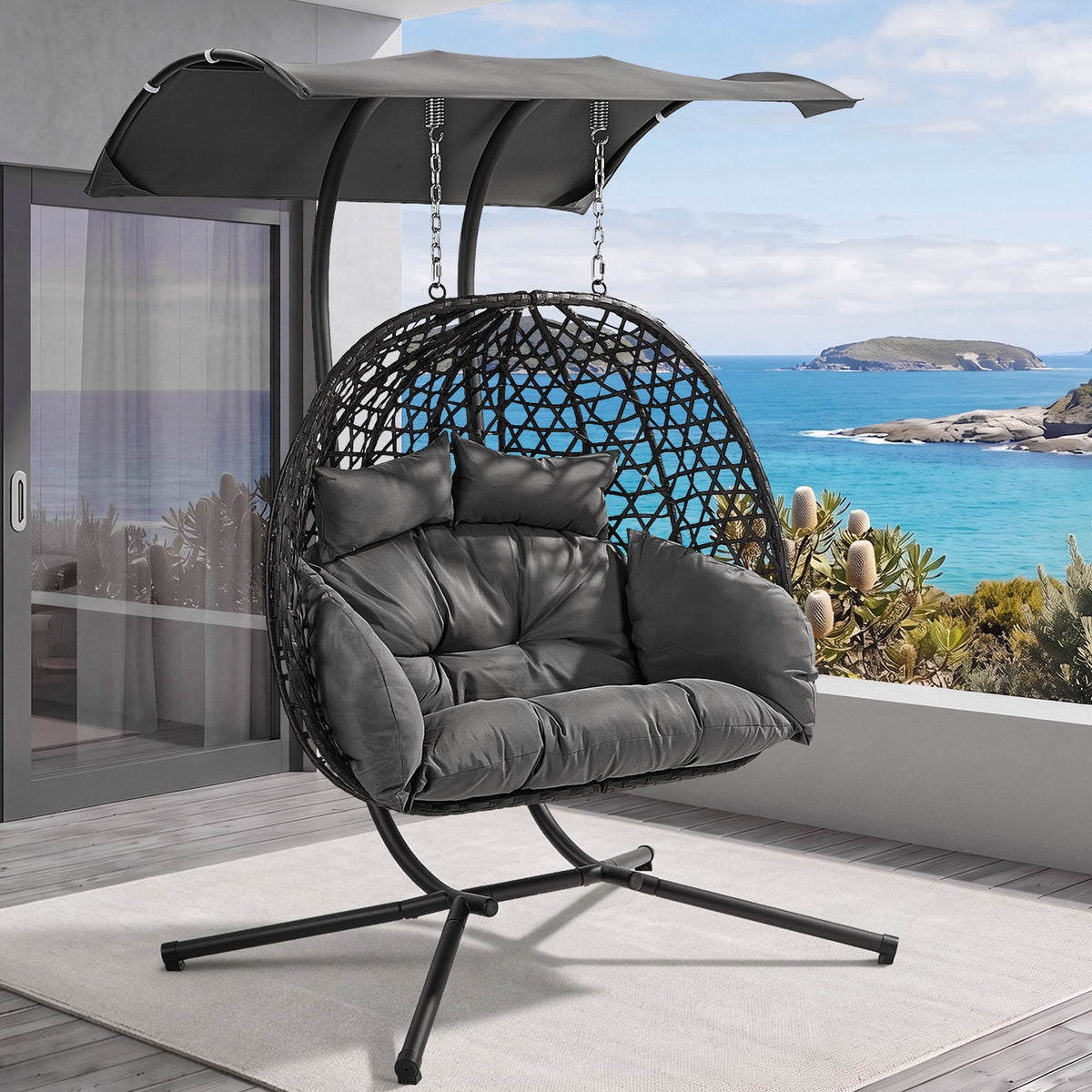 Livsip Egg Swing Chair 2 Seater Rattan Steel Frame with Adjustable Canopy Black
