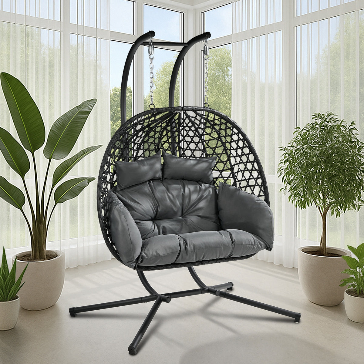 Livsip Egg Swing Chair 2 Seater Rattan Steel Frame with Adjustable Canopy Black