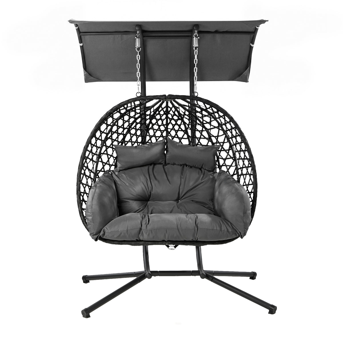 Livsip Egg Swing Chair 2 Seater Rattan Steel Frame with Adjustable Canopy Black