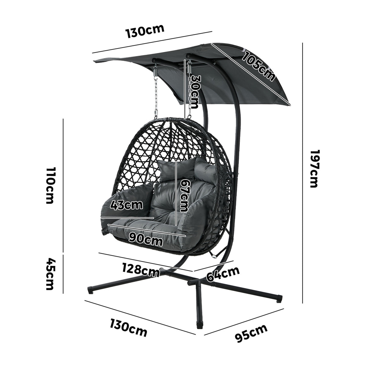 Livsip Egg Swing Chair 2 Seater Rattan Steel Frame with Adjustable Canopy Black