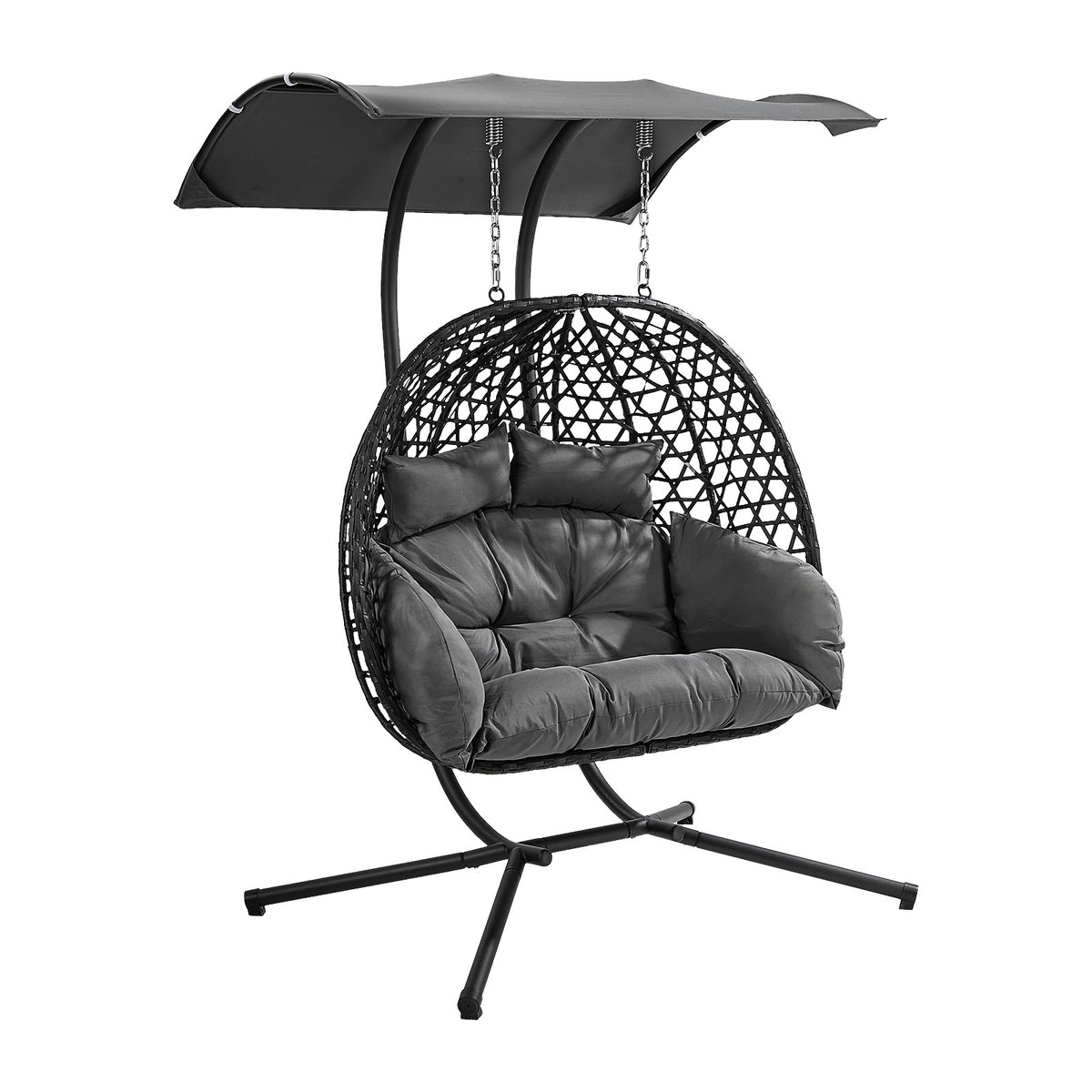 Livsip Egg Swing Chair 2 Seater Rattan Steel Frame with Adjustable Canopy Black
