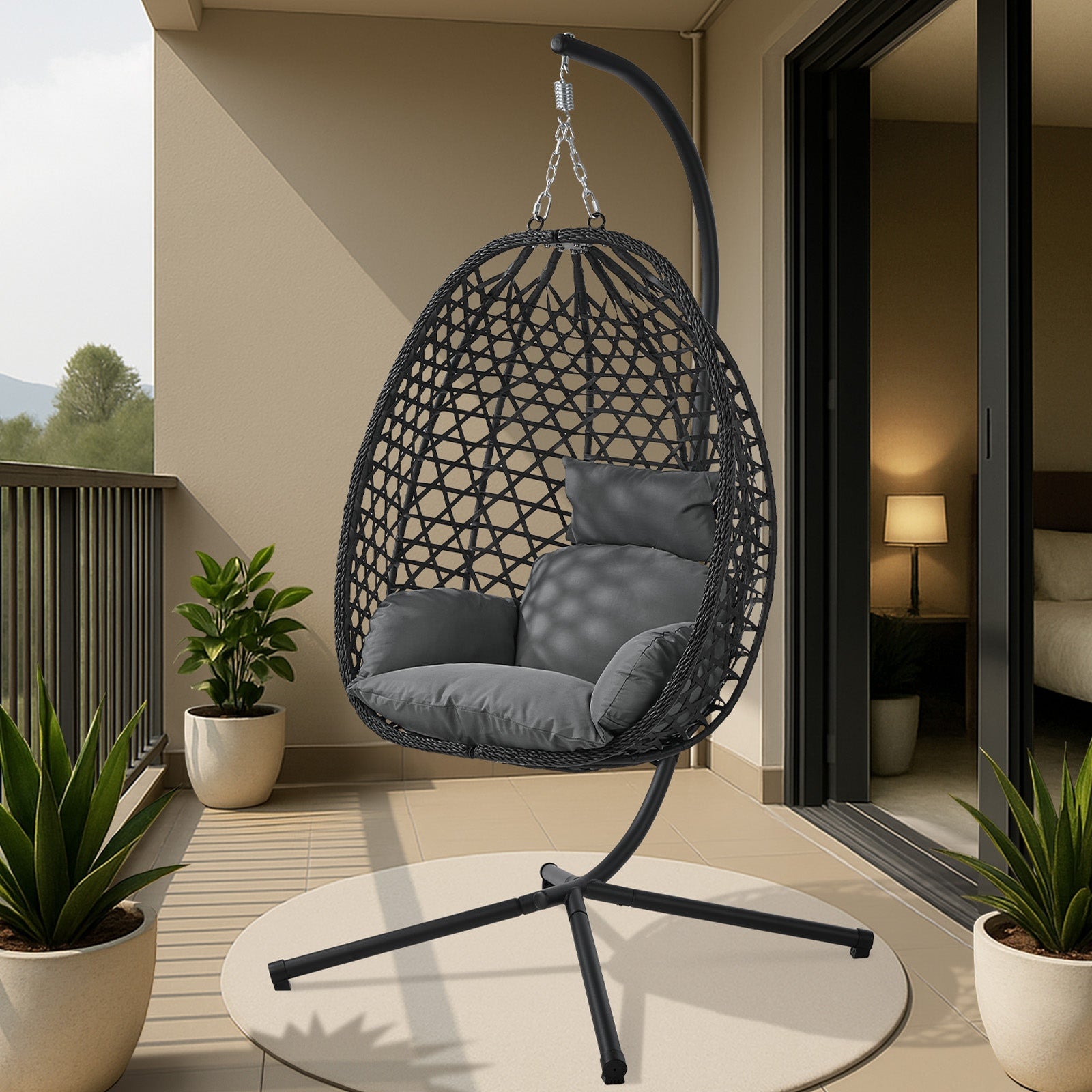 Livsip Outdoor Egg Hanging Chair with Stand Rattan Garden Swing Seat Black