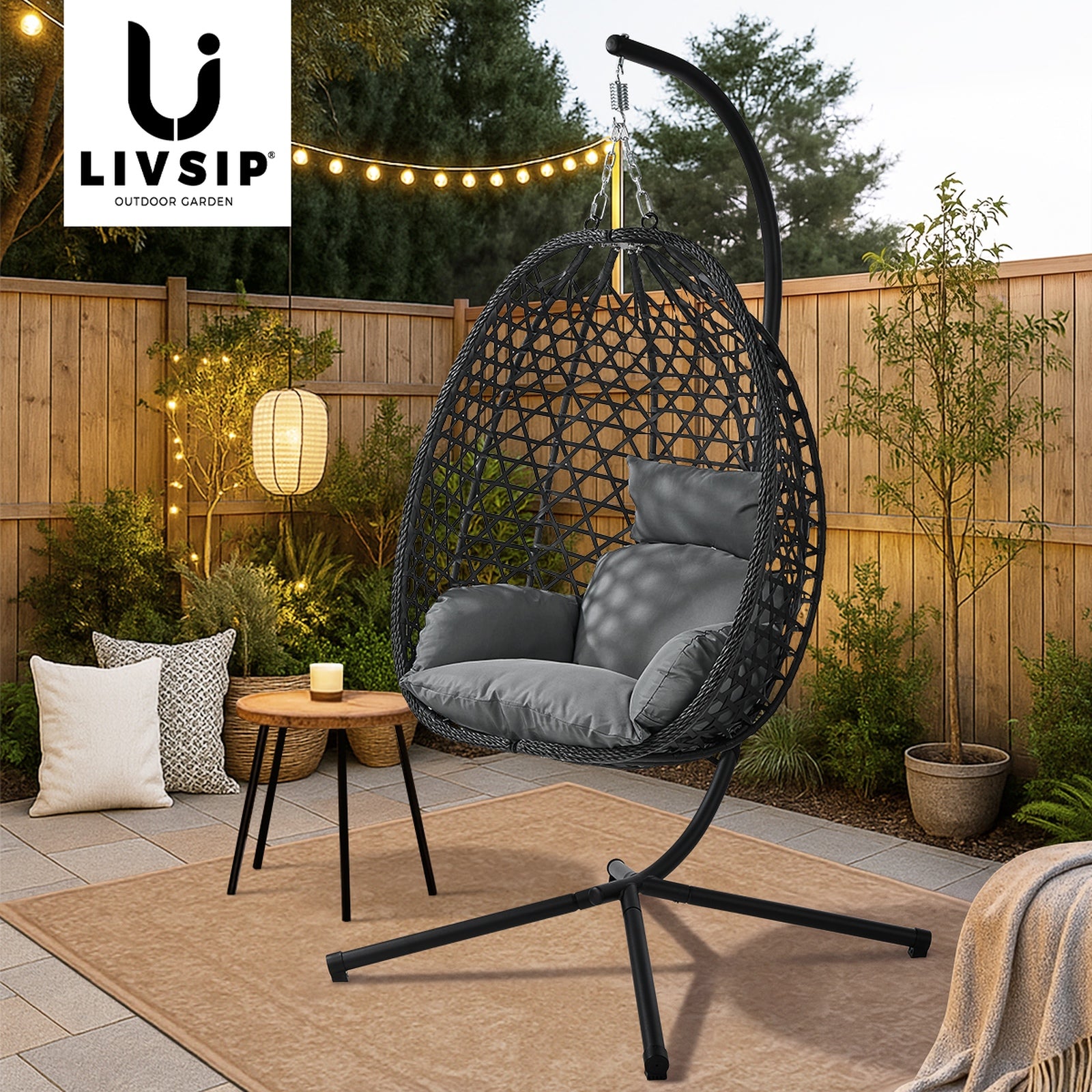Livsip Outdoor Egg Hanging Chair with Stand Rattan Garden Swing Seat Black